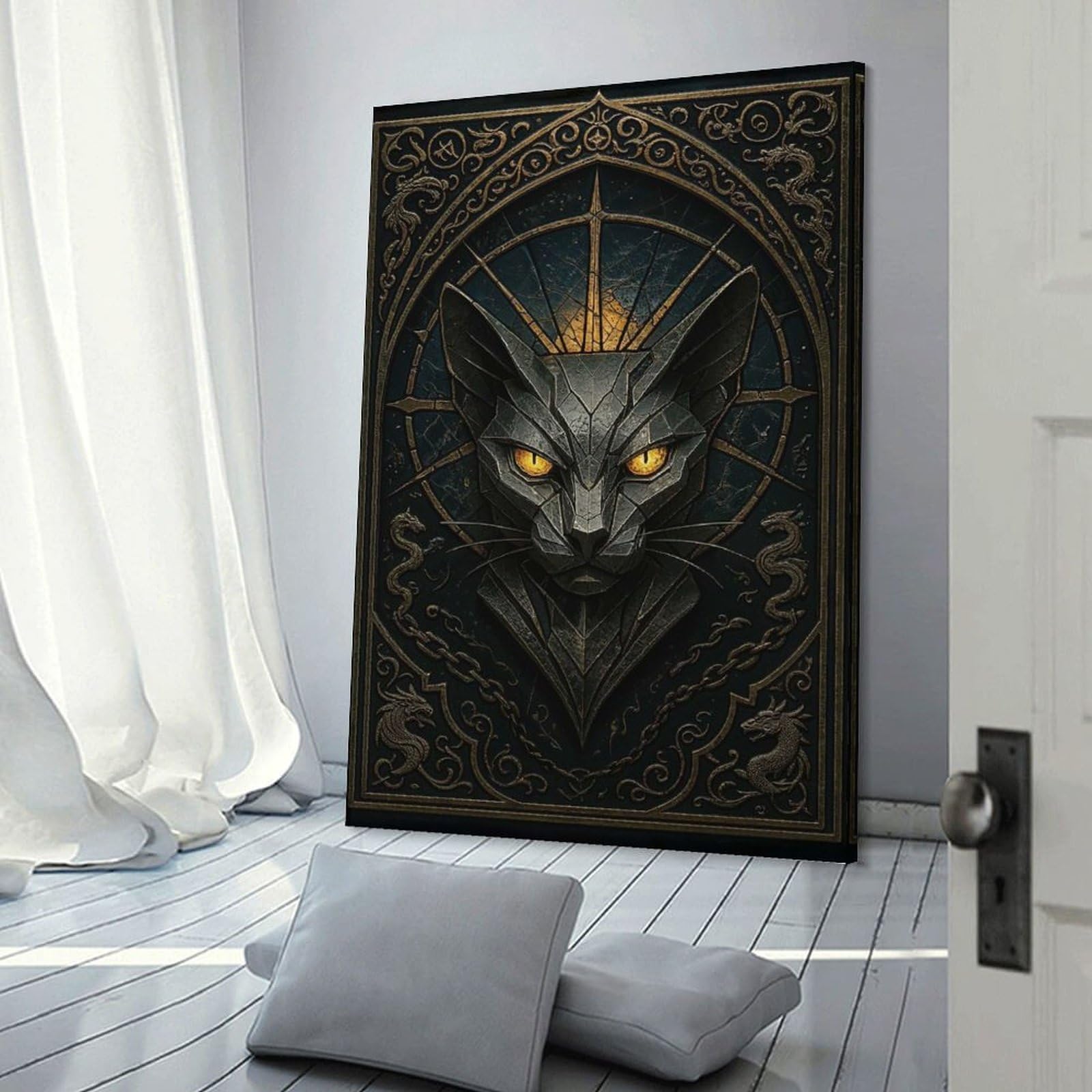 Junmoney Golden Eyes Cat – Gothic Stained Glass Fantasy Canvas Wall Decor, 08x12inch(20x30cm), for Home Office, Desk Area Or Studio, Wall Art That Adds Style to Work Areas