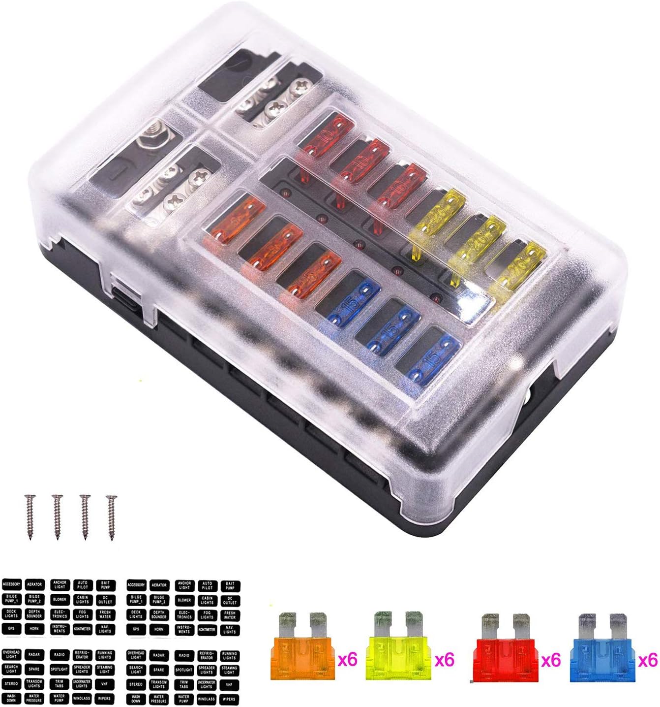 Caja de Fusibles Portafusibles 12 Vías con Lámpara de Alerta LED con Cubierta Plastica y Hoja Fusible para Coche Barco Marino 12V 24V