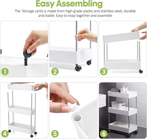 Miniatura 5 de Carrito de almacenamiento con ruedas para baño con ruedas, carrito de cocina, organizador de lavandería móvil, estantes para organizadores de