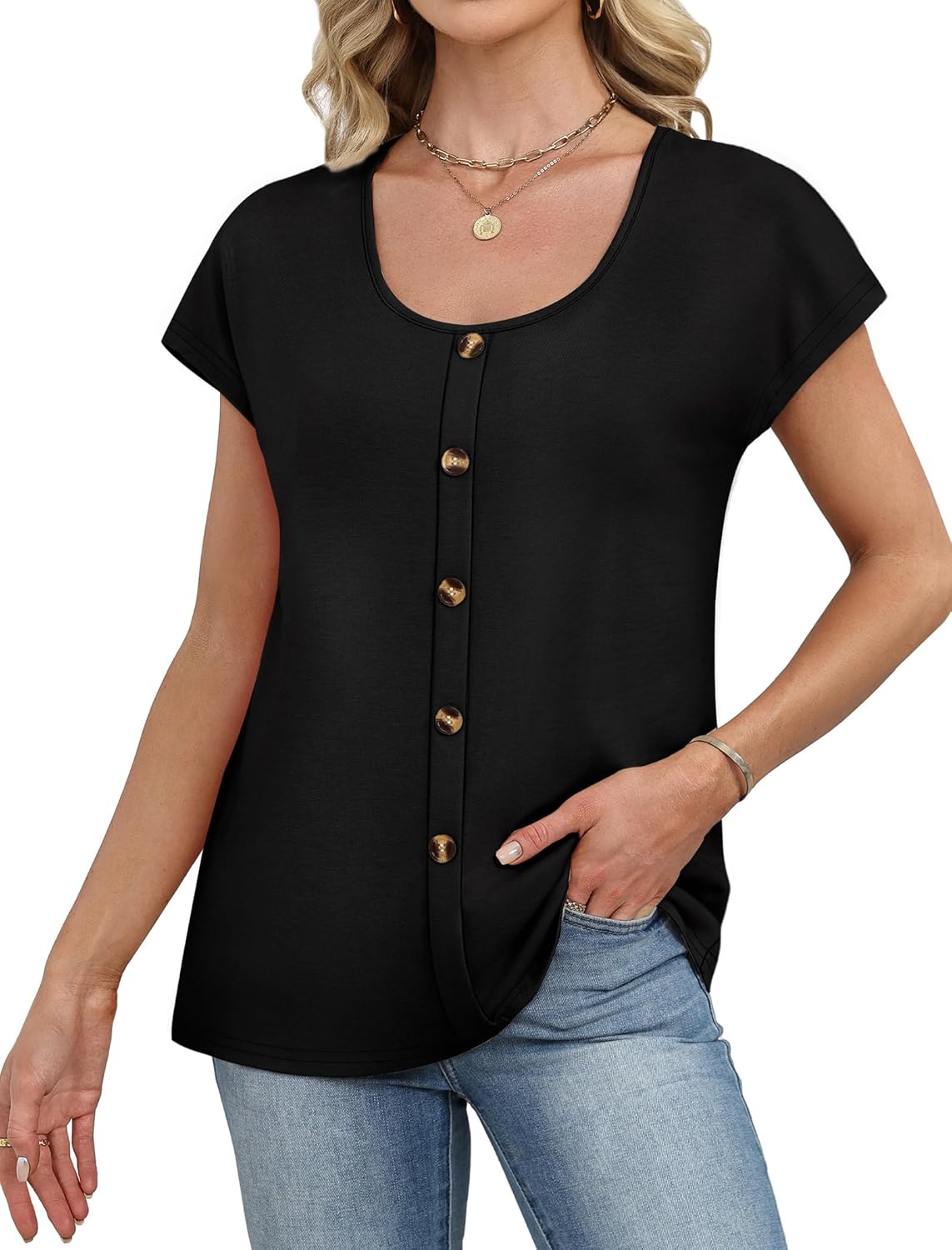 WIHOLL Womens Summer Tops Cap Short Sleeve Shirts Button Down Blouses U Neck T Shirts Fashion Clothing - Image 3