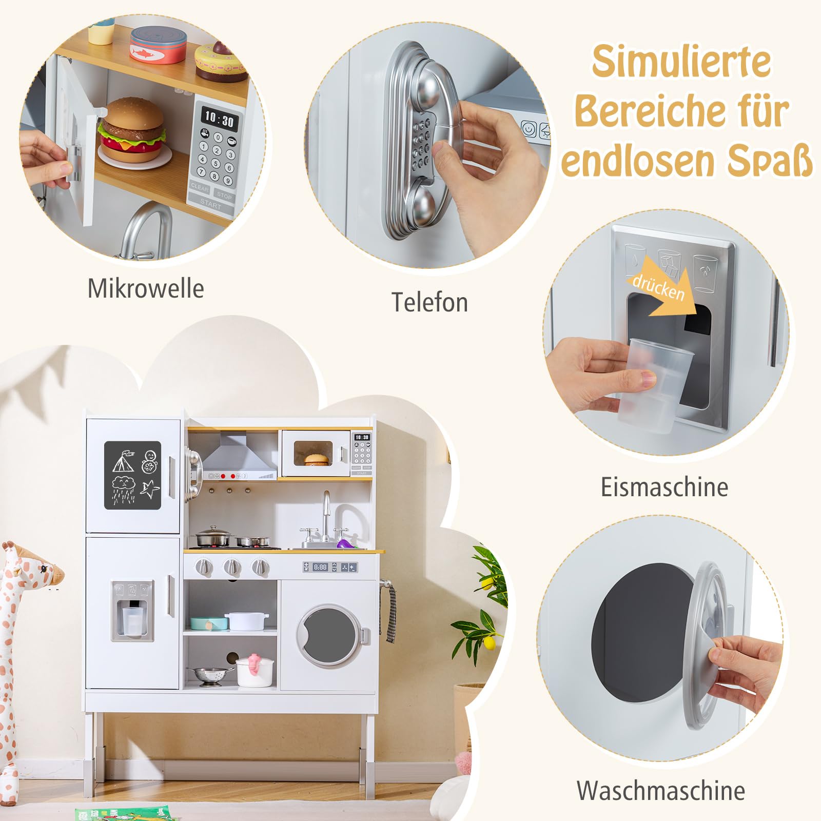 DREAMADE Höhenverstellbare Kinderküche mit Licht und Sound, Spielküche aus Holz mit Zubehör, Kinderspielküche mit Spüle Herd Backofen, Holzküche Spielzeugküche für Kinder ab 3 Jahren (Groß-Natur+Weiß)