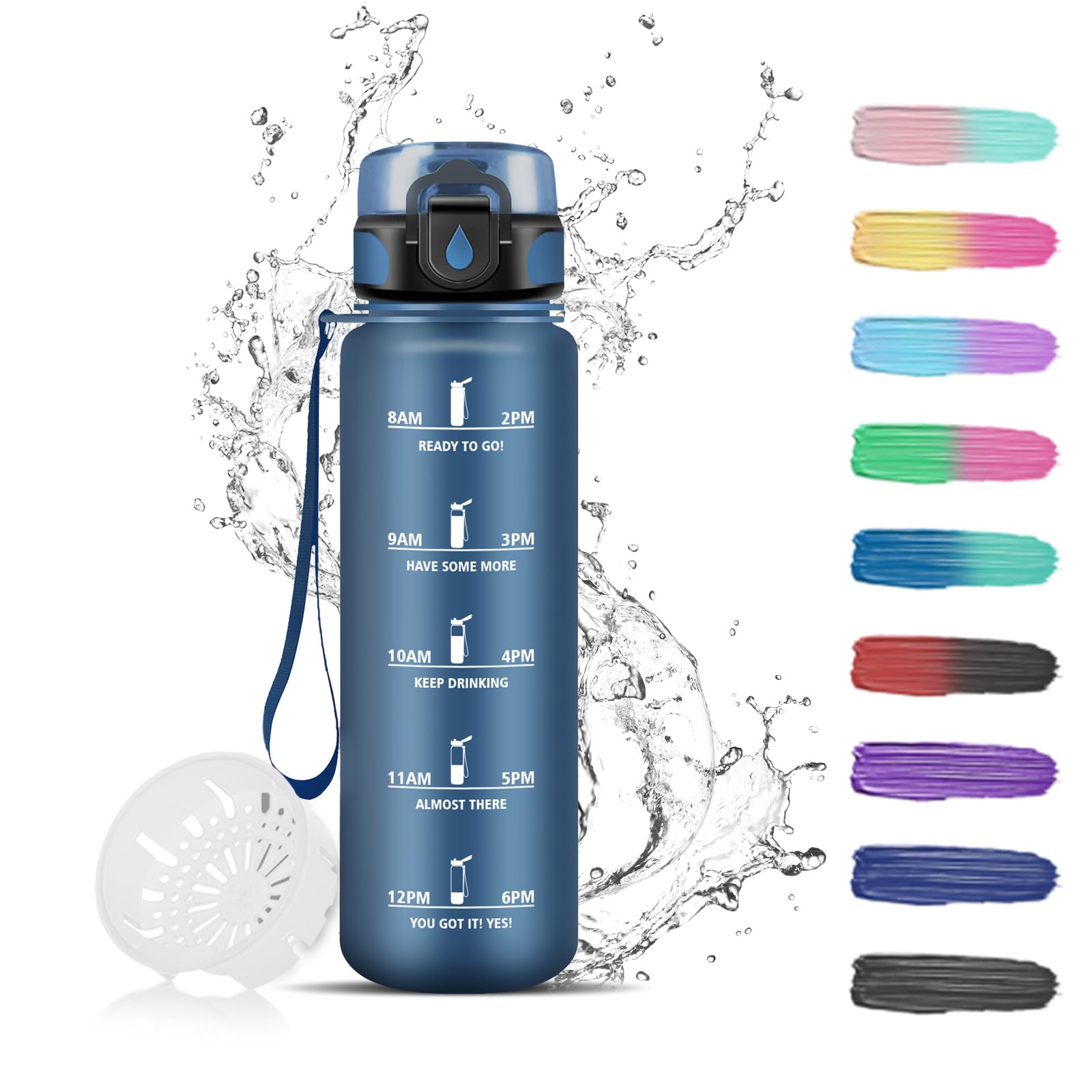 Grsta Children's Drinking Bottle, 500 ml, Water Bottle with Time Marking with Filter, Leak-Proof, Easy to Clean, Sports Drinking Bottle for School, Travel, Camping, Running, Dark Blue