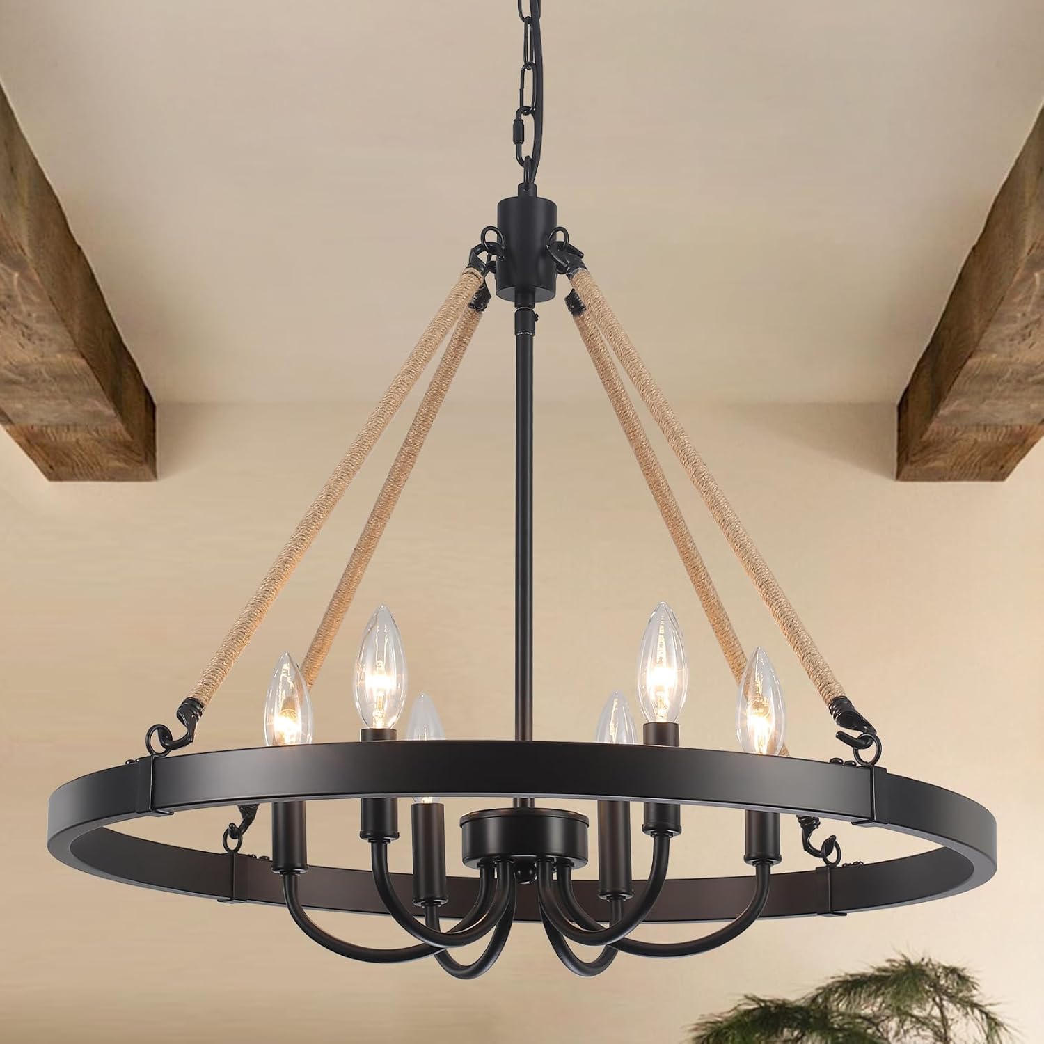 6-Light Black Farmhouse Chandeliers，23.62'' Wagon Wheel Chandelier,Rustic Round Light Fixtures for Dining Room Entryway Foyer Kitchen Living Room Hallway