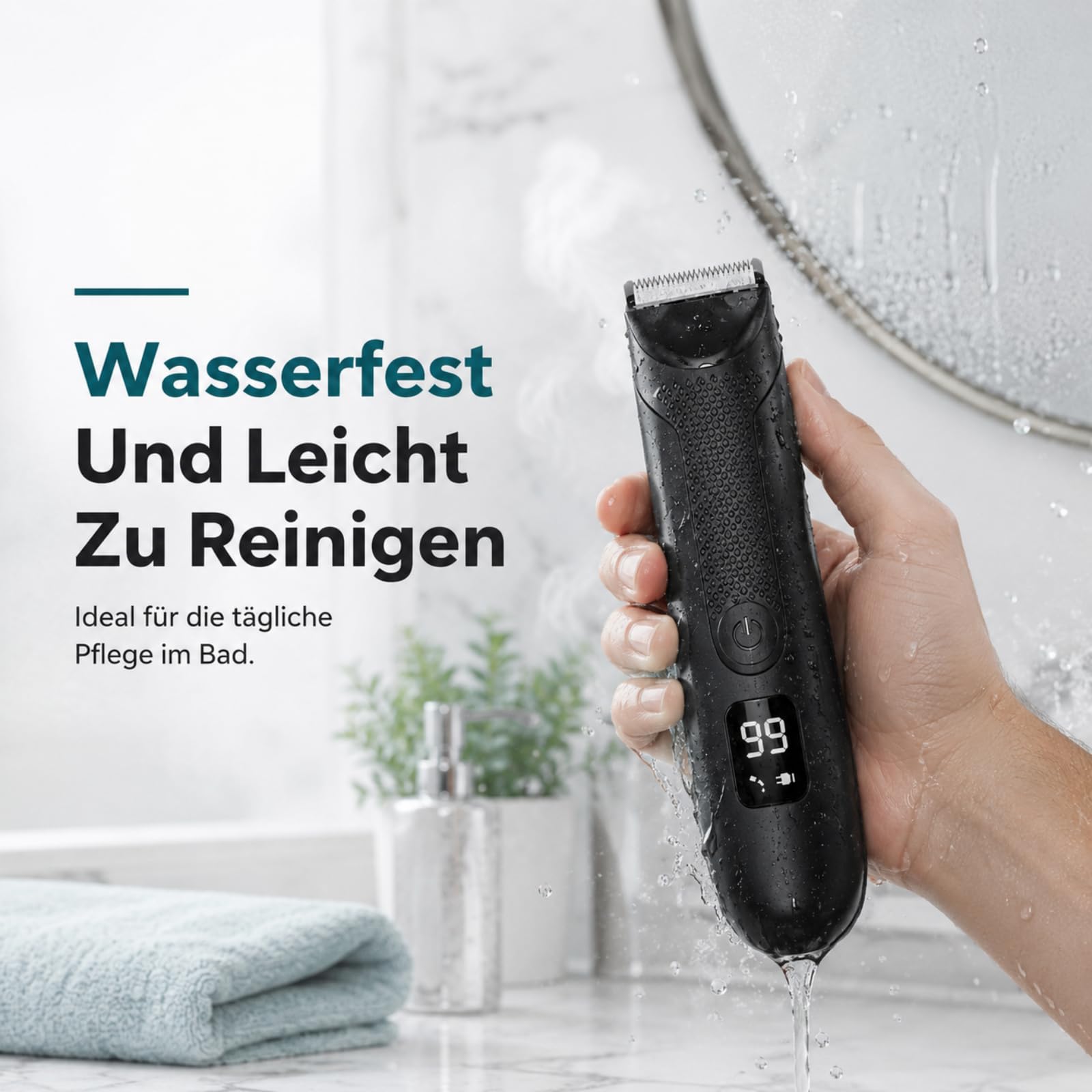Körperhaartrimmer Herren mit LED Licht und Langem Akku Wasserdichter Bodygroomer mit Keramikklinge für Achseln Brust und Intimbereich