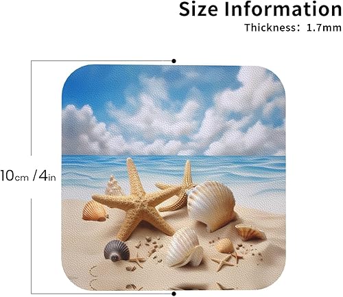 Miniatura 3 de Juego de 6 posavasos de cuero con estrellas de mar y conchas marinas de playa de verano para mesa de centro para inauguración de la casa, cocina,