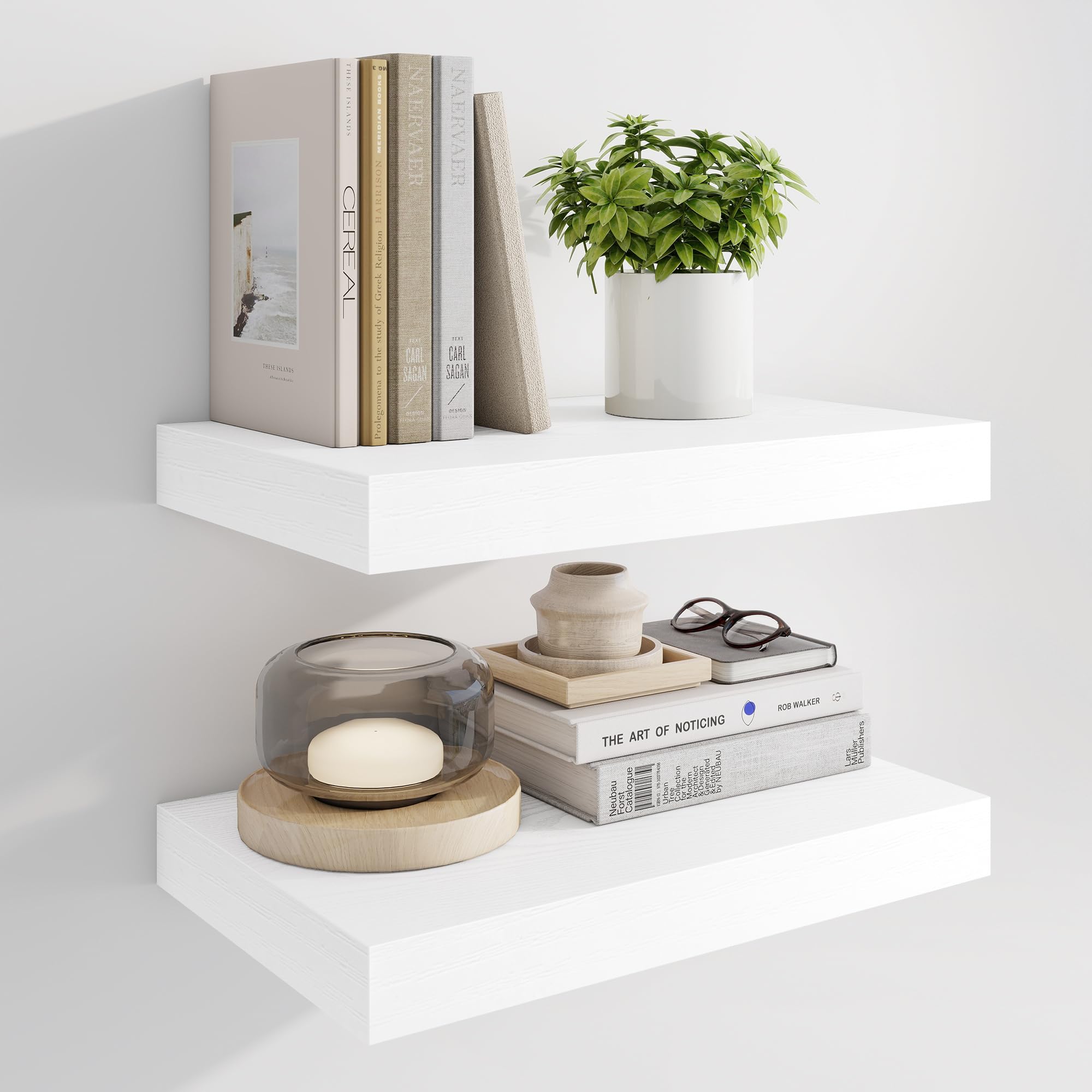 Marsmiles 40cm Floating Shelves for Wall, Wooden Shelves with Invisible Brackets Set of 2, Rustic Farmhouse Wall Mounted Shelf for Kitchen Bathroom Living Room Study, White