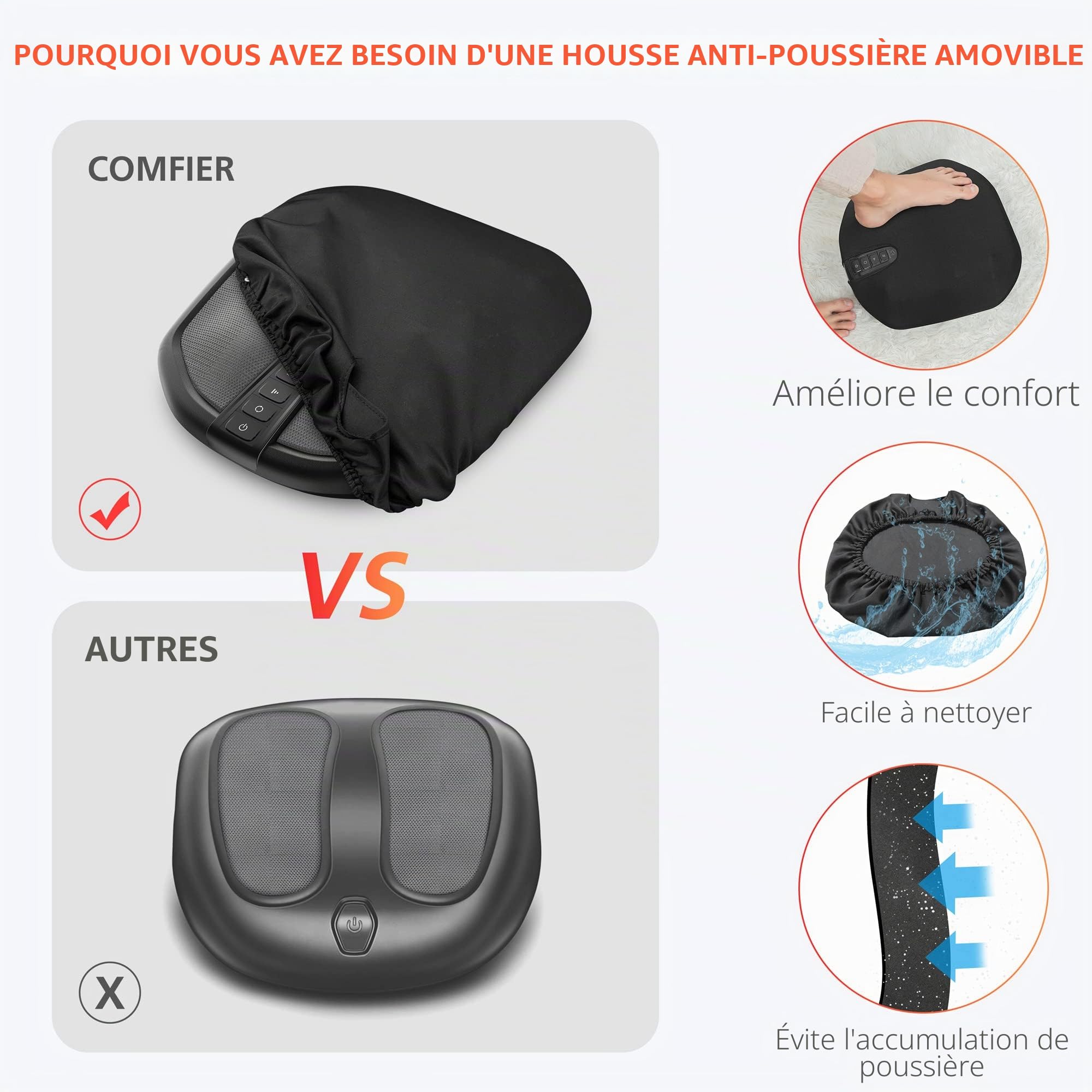 COMFIER Appareil de massage des pieds shiatsu avec chaleur et pétrissage, 2 en 1 pieds et dos, housse lavable, chauffe-pieds électrique pour hommes et femmes, convient à toutes les tailles de pieds