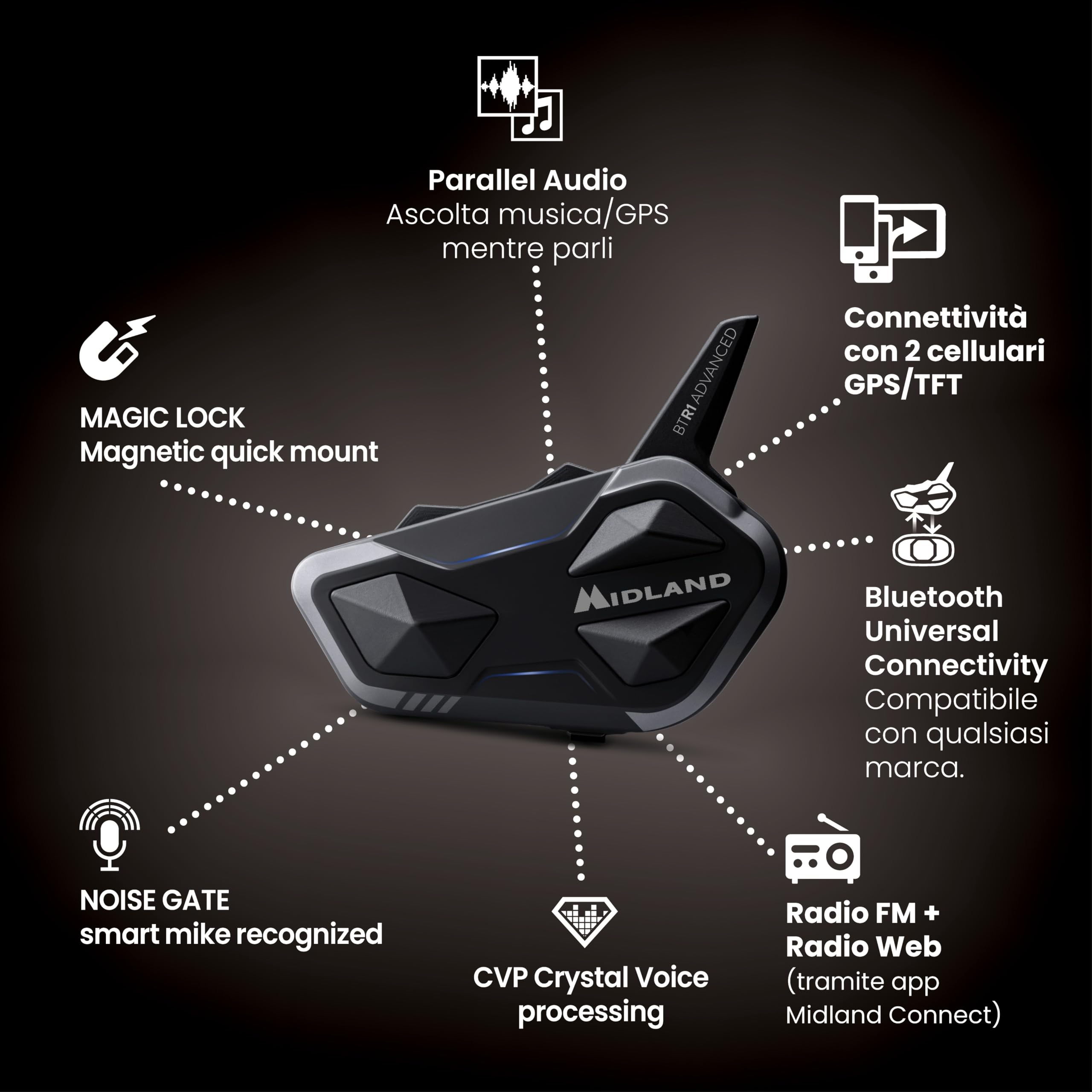 Midland - Interfono Moto Bluetooth BTR1 Advanced X, Auricolare Casco Moto, Portata 1200m, Conversazione tra 4 Persone, Connessione Universale Smartphone/GPS/Musica, Audio RFC Professionale