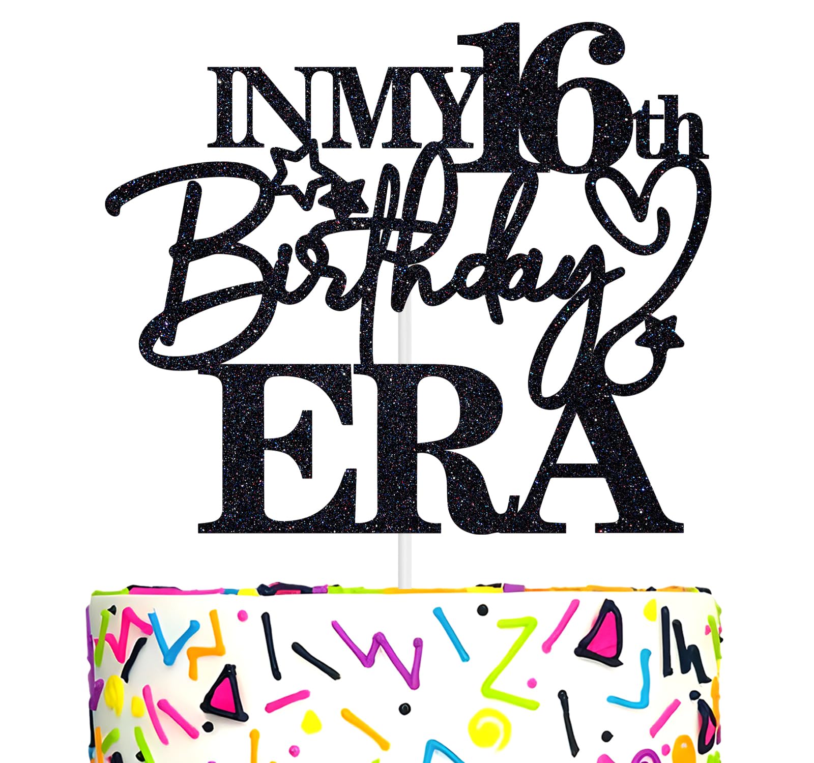 In My 16th Birthday Era Cake Topper, Sweet Sixteen/Hello 16/16 Years Old Cake Decor, Happy 16th Birthday Party Decorations Supplies for Boys Girls, Black Glitter