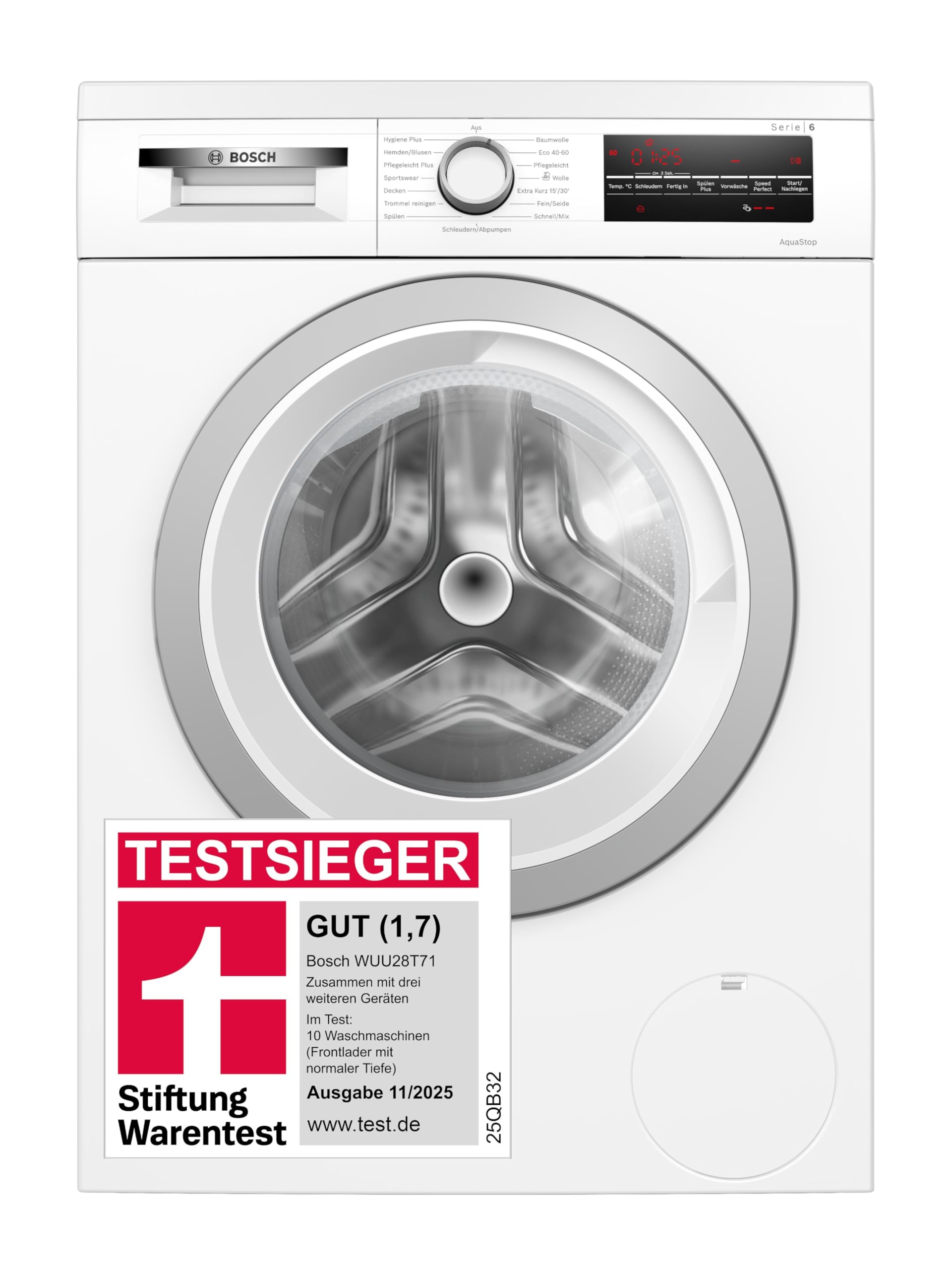 Bosch WUU28T71, Stiftung Warentest Testsieger*, Serie 6 Waschmaschine 8 kg, Unterbaufähig, 1400 UpM, Beladungserkennung, Hygiene Plus, Nachlegefunktion, Frontlader, LED Display, Schontrommel, AquaStop