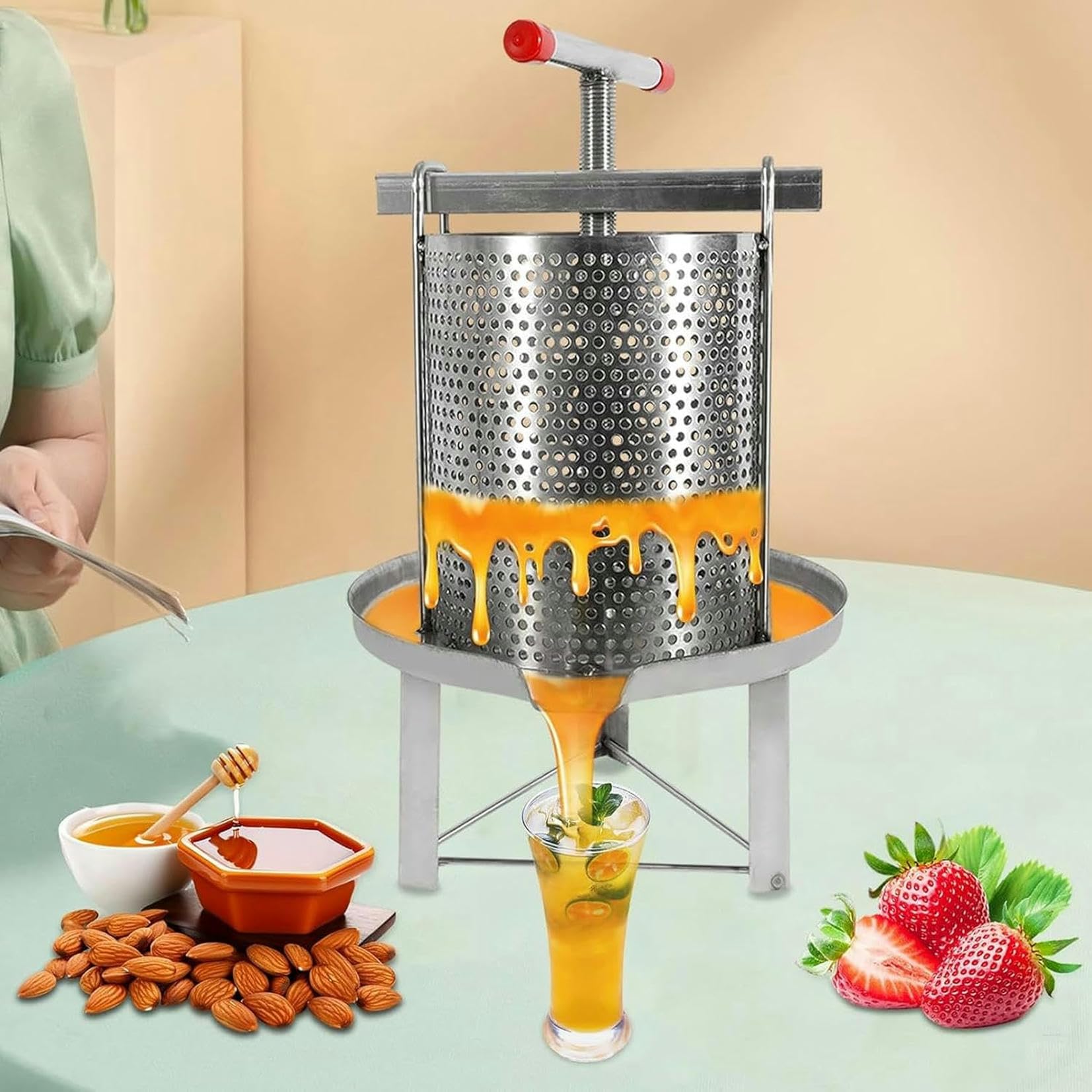Máquina de Prensa de Miel de Malla Prensa de Miel Manual para el hogar Prensa de Cera Herramienta de Apicultura Extractor de Acero Inoxidable 304 Herramienta de Apicultura para Apicultura~/