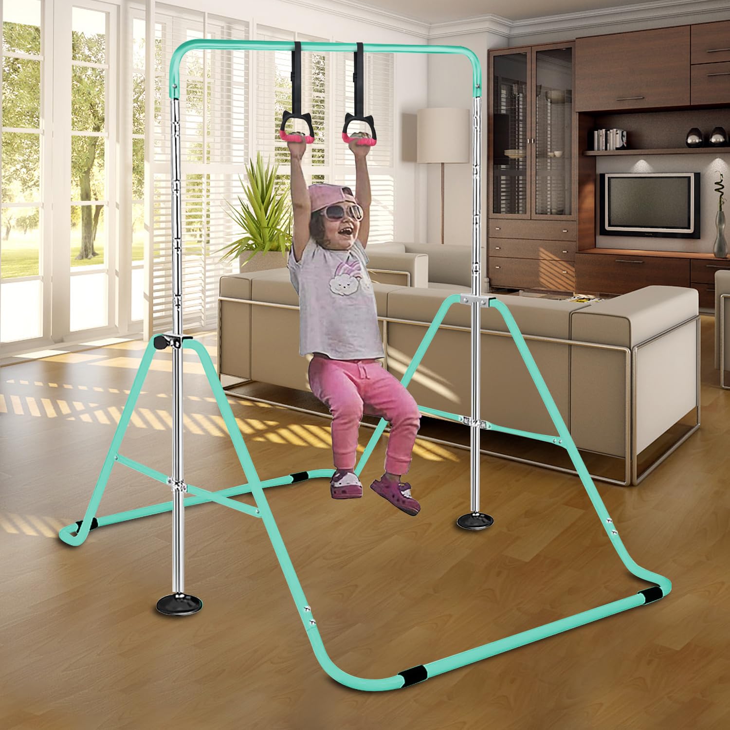 SUDOO Barra de Gimnasia Plegable con Anillos, Barra Horizontal Plegable de Altura Ajustable, Equipo de Gimnasia para jardín en casa, Barra de Entrenamiento de Gimnasia (Verde)
