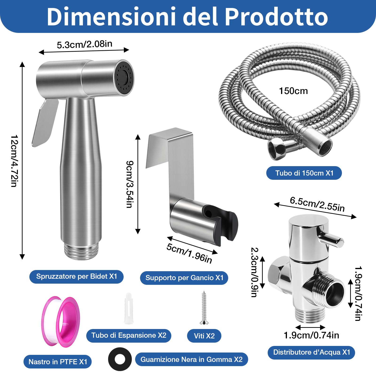 Set Doccetta per Bidet, Idroscopino per WC con Tubo Flessibile da 1,5m, Supporto & Adattatore, Facile da Installare (Argento)