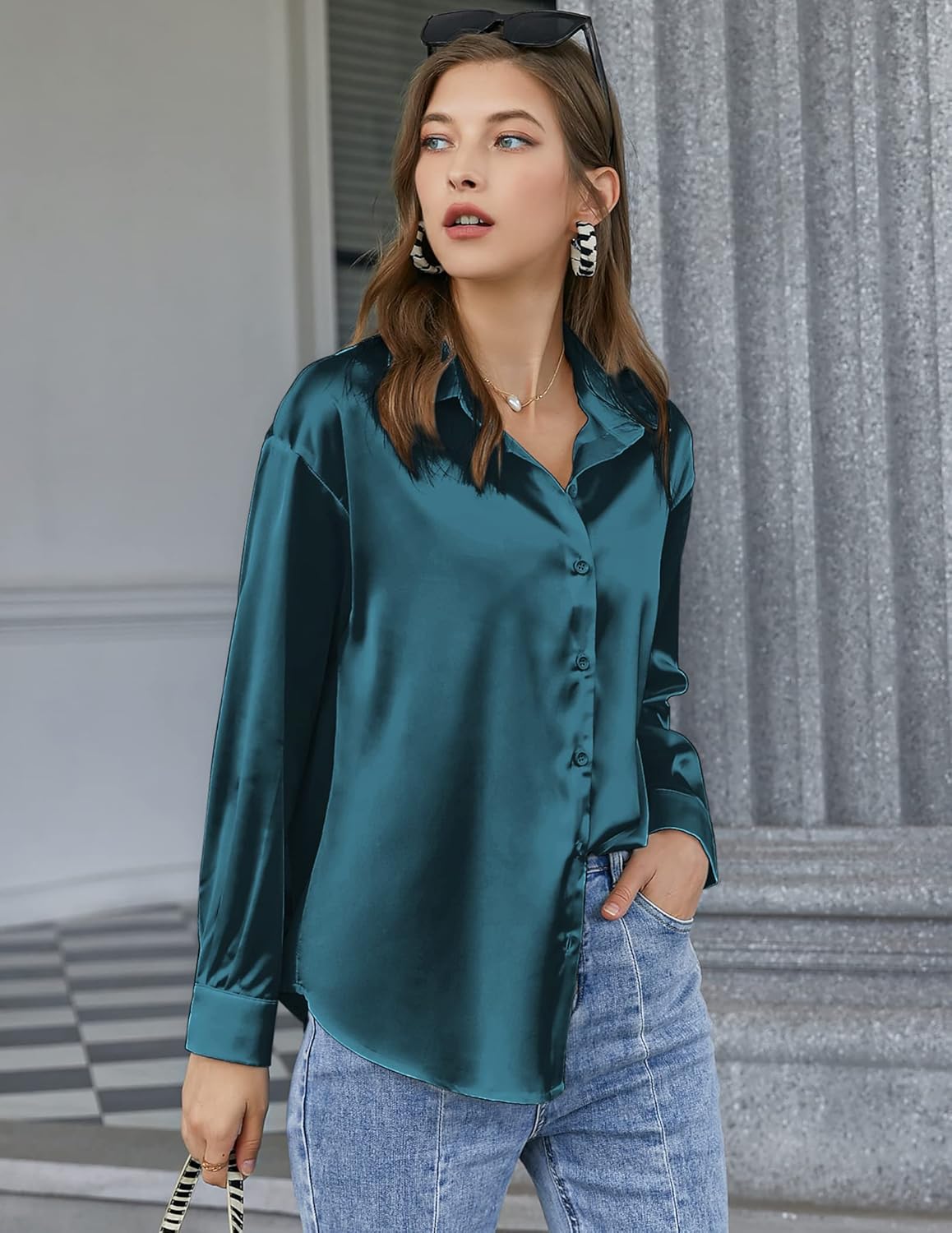 Chigant Women's Blouse Satin Silk Shirts Button Down Shirts Casual Loose Long Sleeve Office Work Tunic Tops - Image 4