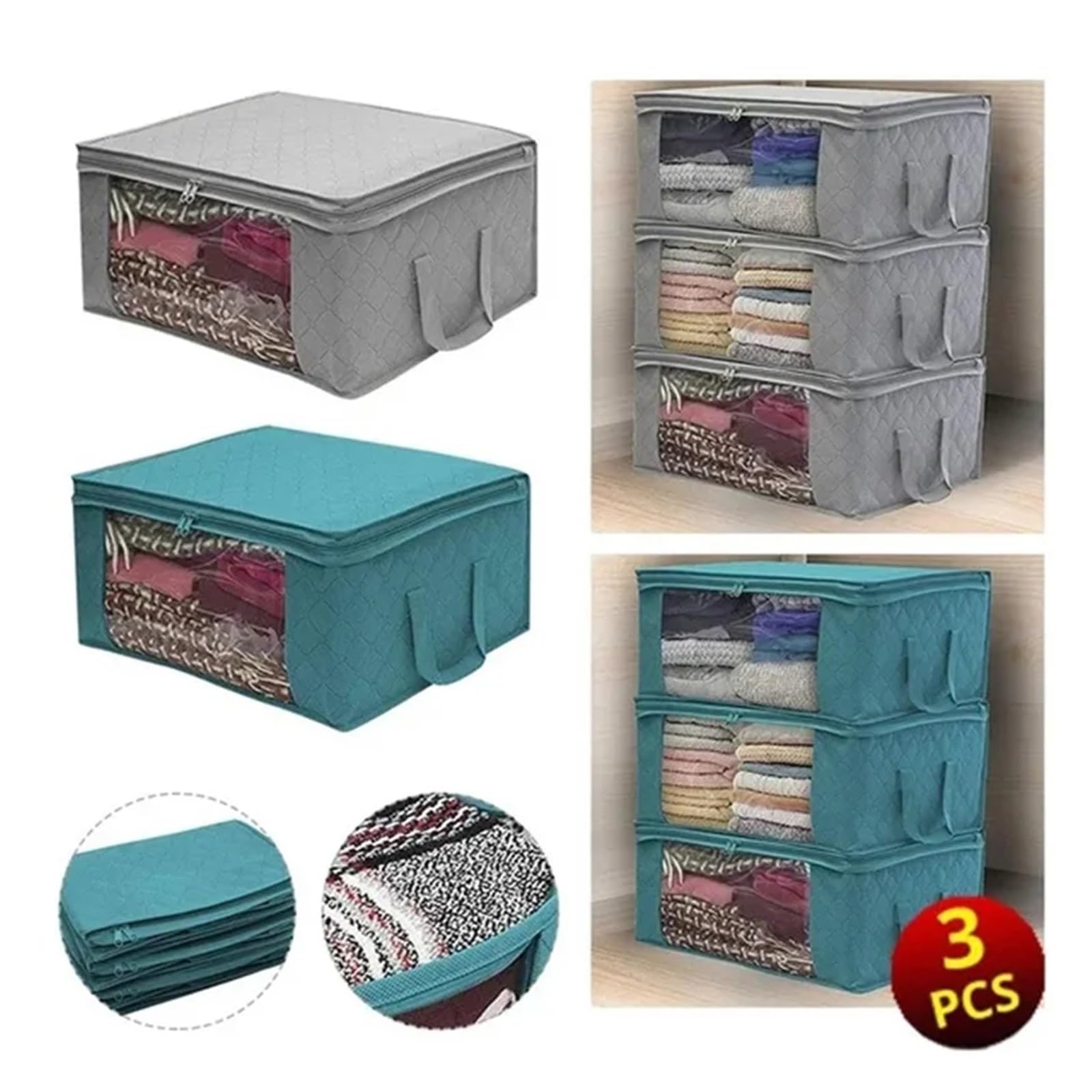 3/1 piezas Caja de almacenamiento edredones gran capacidad Plegable No tejida Bolsa ropa a prueba polvo Organizador almohadas mantas for el hogar(Grey,3PCS)