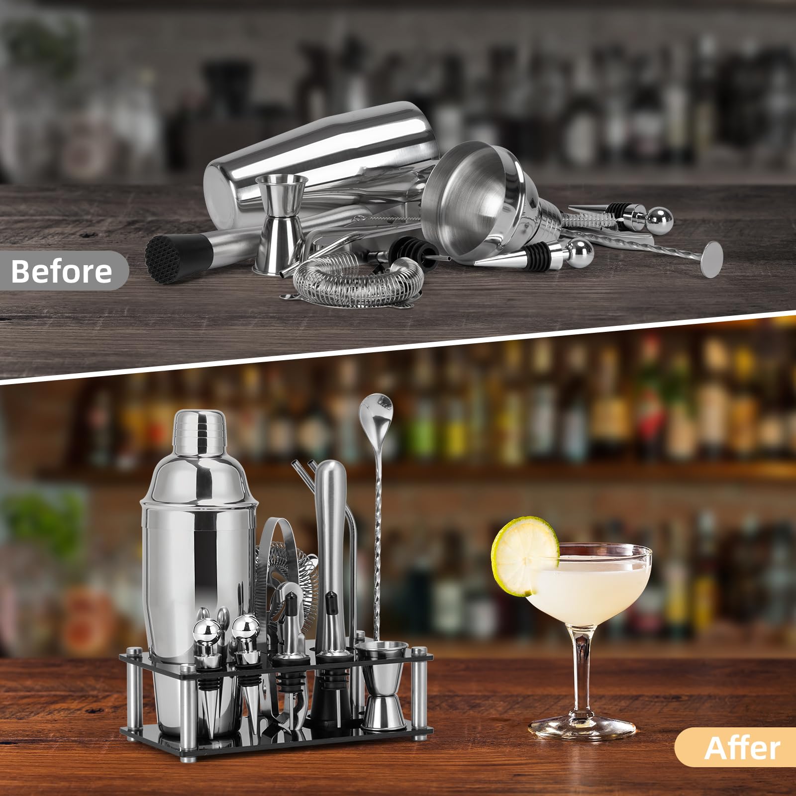Cinnani Shaker Cocktail Set Professionale con Supporto,15 pezzi cocktail set kit in Acciaio Inox,Kit Cocktail 750ml,professionale barman set,Cocktail Shaker Set
