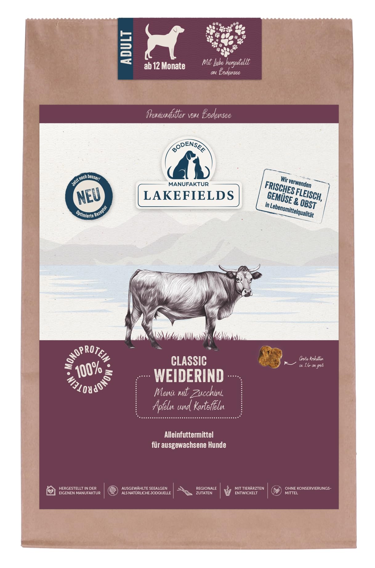 Lakefields Premium Hundefutter trocken | Rind 60% | 4 x 2,5kg | Getreidefreies Trockenfutter für ausgewachsene Hunde | Kartoffel, Äpfel & Karotte | Zutaten in Lebensmittelqualität | Schonend gebacken