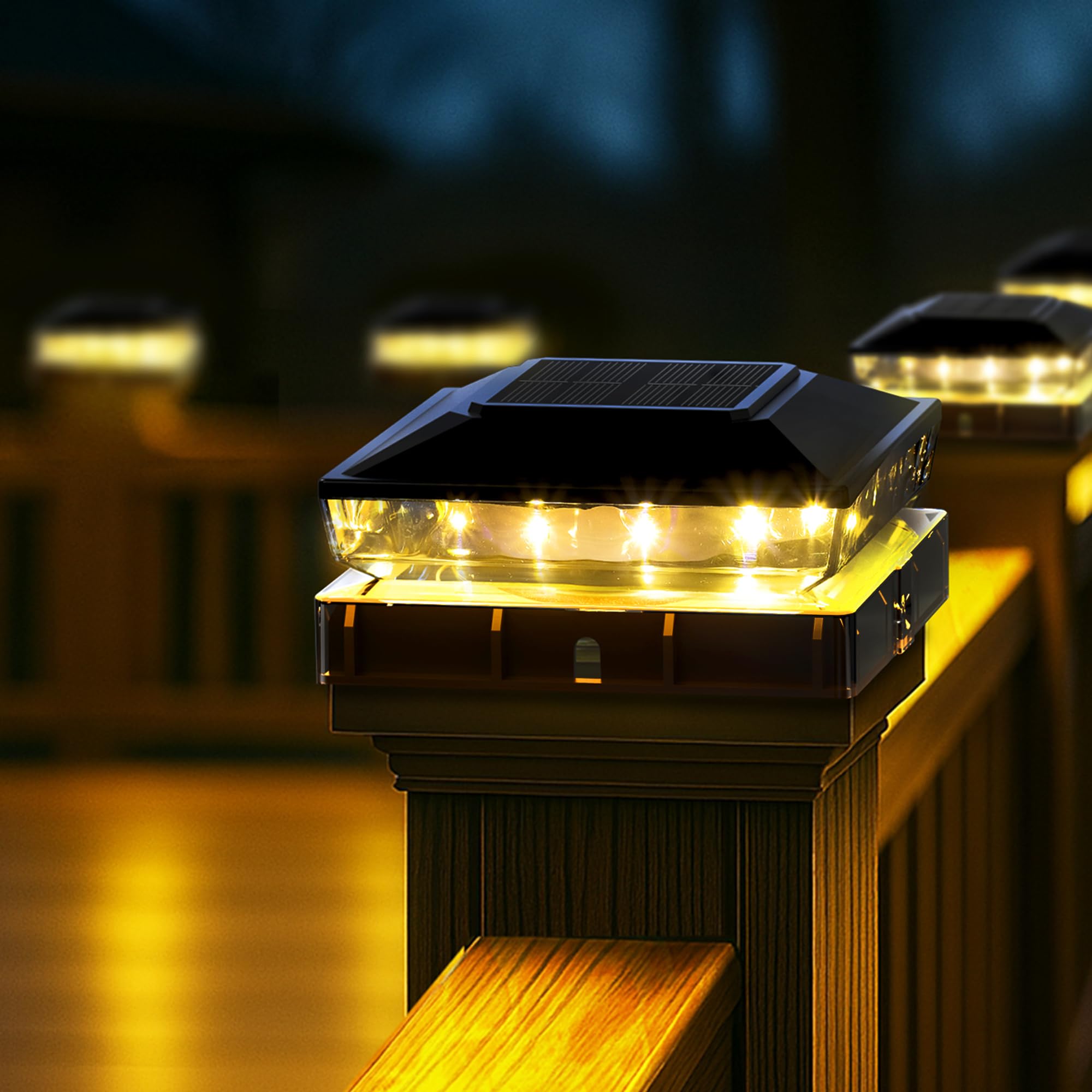 Solar Post Cap Lights, Upgraded Outdoor Deck Fence Post Solar Lights for 4x4 5x5 Wood/Vinyl Posts, IP65 Waterproof, 10-12 Hours Warm White Glow for Garden/Patio/Porch - 6-Pack, Dark Black