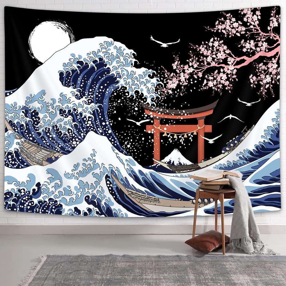 Drgilau Japanese Sea Waves Tapestry Home Decor, Wave Sakura