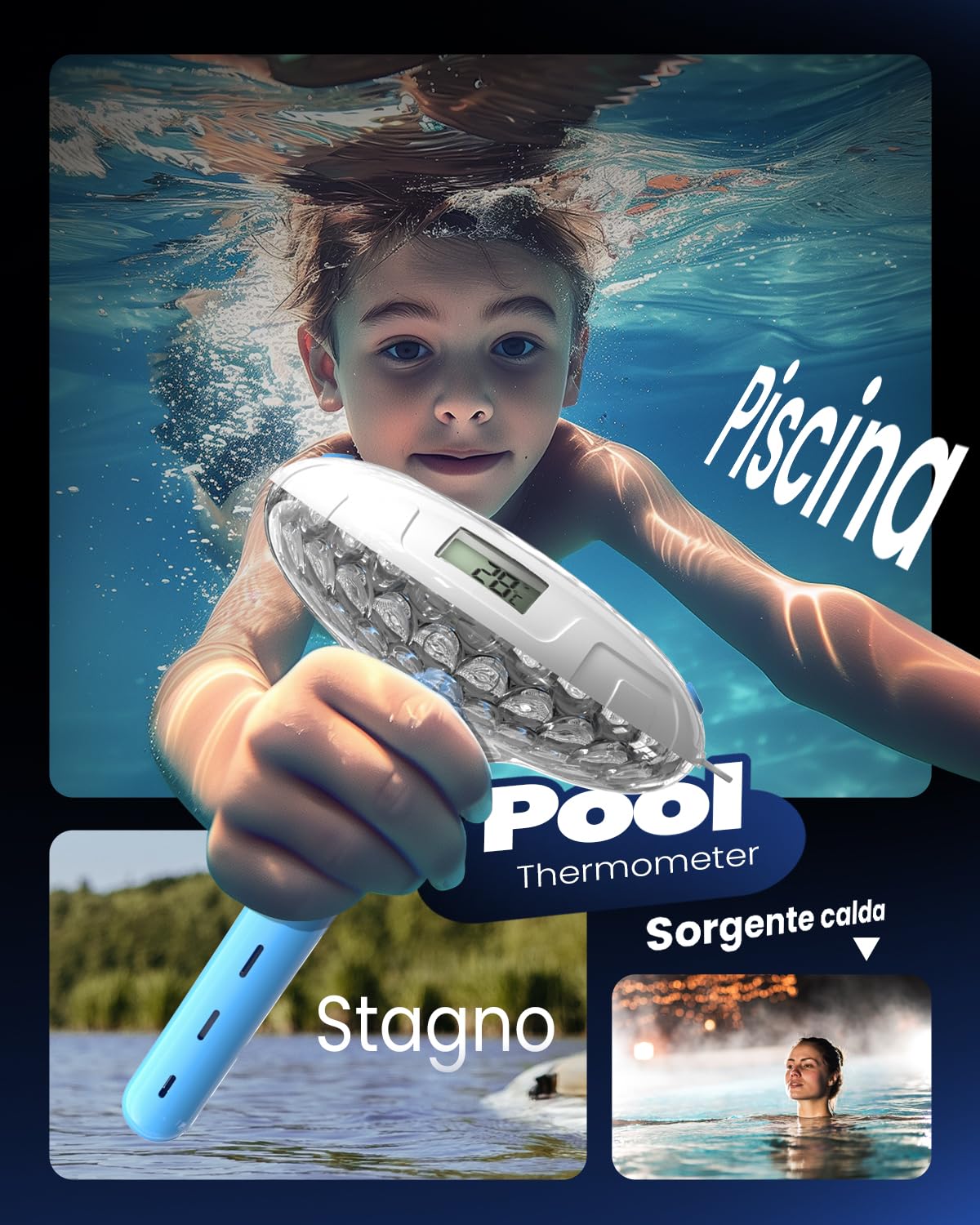 Termómetro de piscina, termómetro solar digital flotante, iluminación de piscina con 8 modos LED, IPX7 impermeable para estanques, bañeras