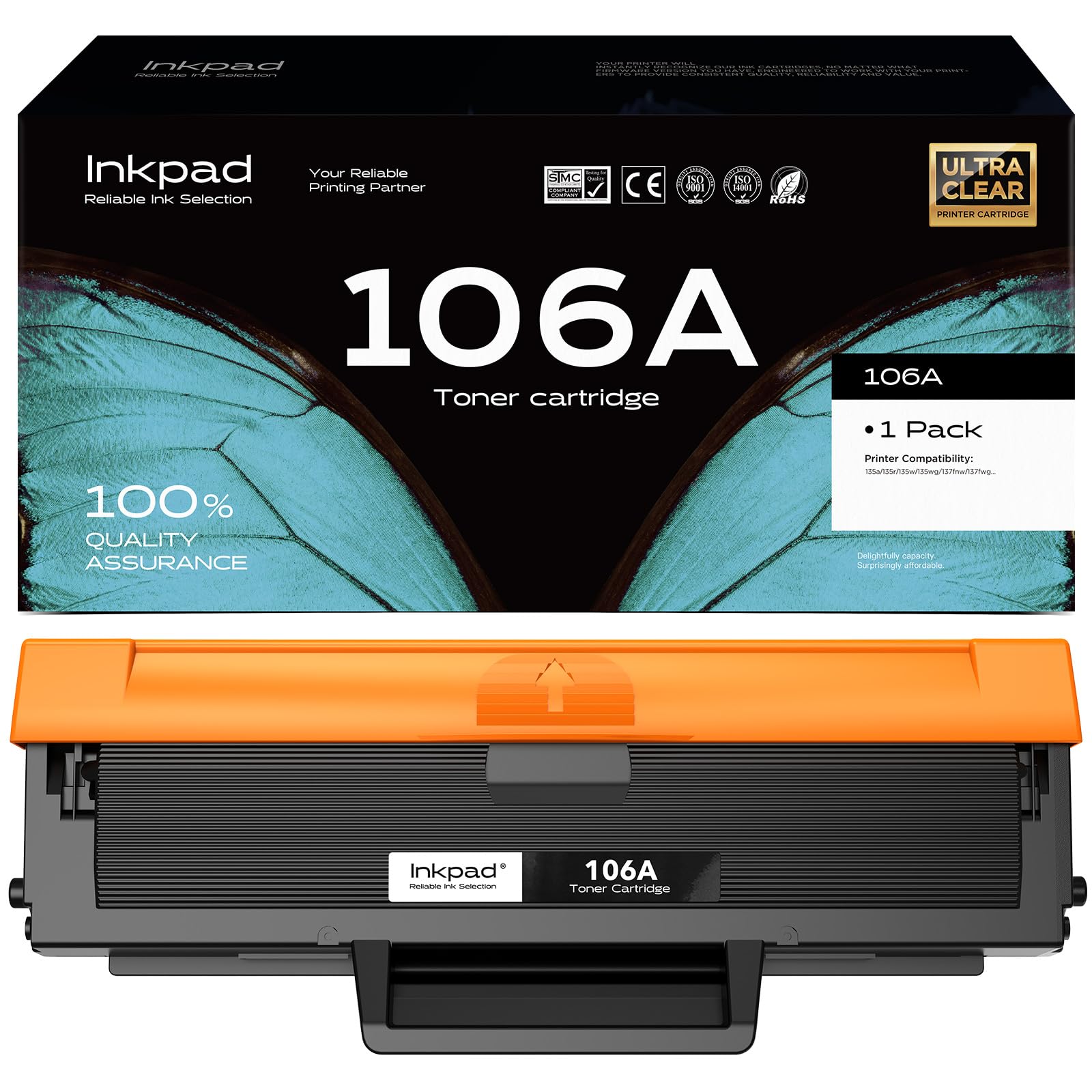 iNKPAD W1106A 106A Toner compatibile per HP 106A Toner per Laser MFP 135wg 107w 107a 107r MFP 137fwg 137fnw 135w 135a 135r Cartuccia stampante(Nero, confezione da 1)