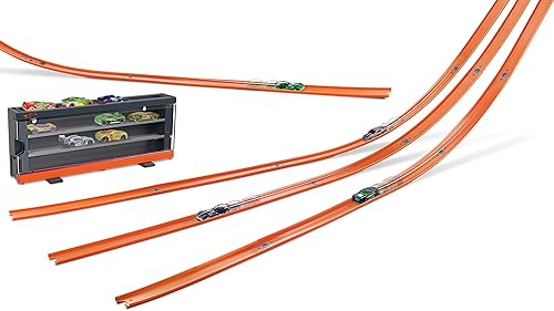 Hot Wheels Paquete de auto y mega pista con estuche de carreras, 9 autos de juguete, pista de 40 pies, conectores y pantalla con función de carrera