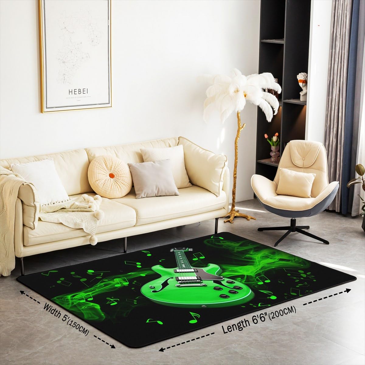 Tappeto decorativo con chitarra elettrica 3D, per bambini, adolescenti e adulti, 150 x 200 cm, per bambini e ragazzi, a tema musica hip hop, decorazione per soggiorno, antiscivolo, per comodino,