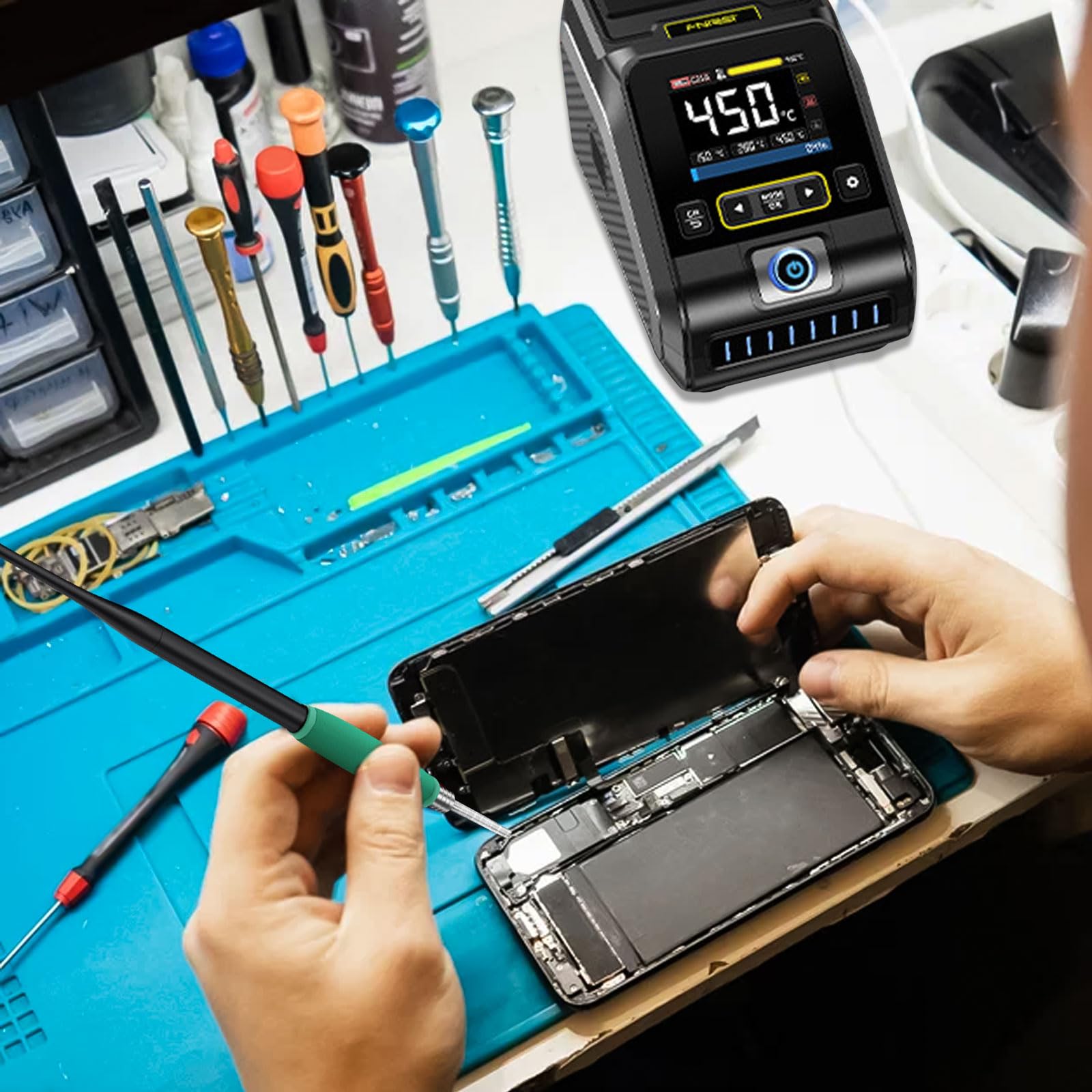 DWS-200 Lötstation Profi Lötkolben Station Set 100-450°C Keramikheizelement LCD-Display für Elektronik, DIY-Projekten, Nachbesserungen, Reparaturen