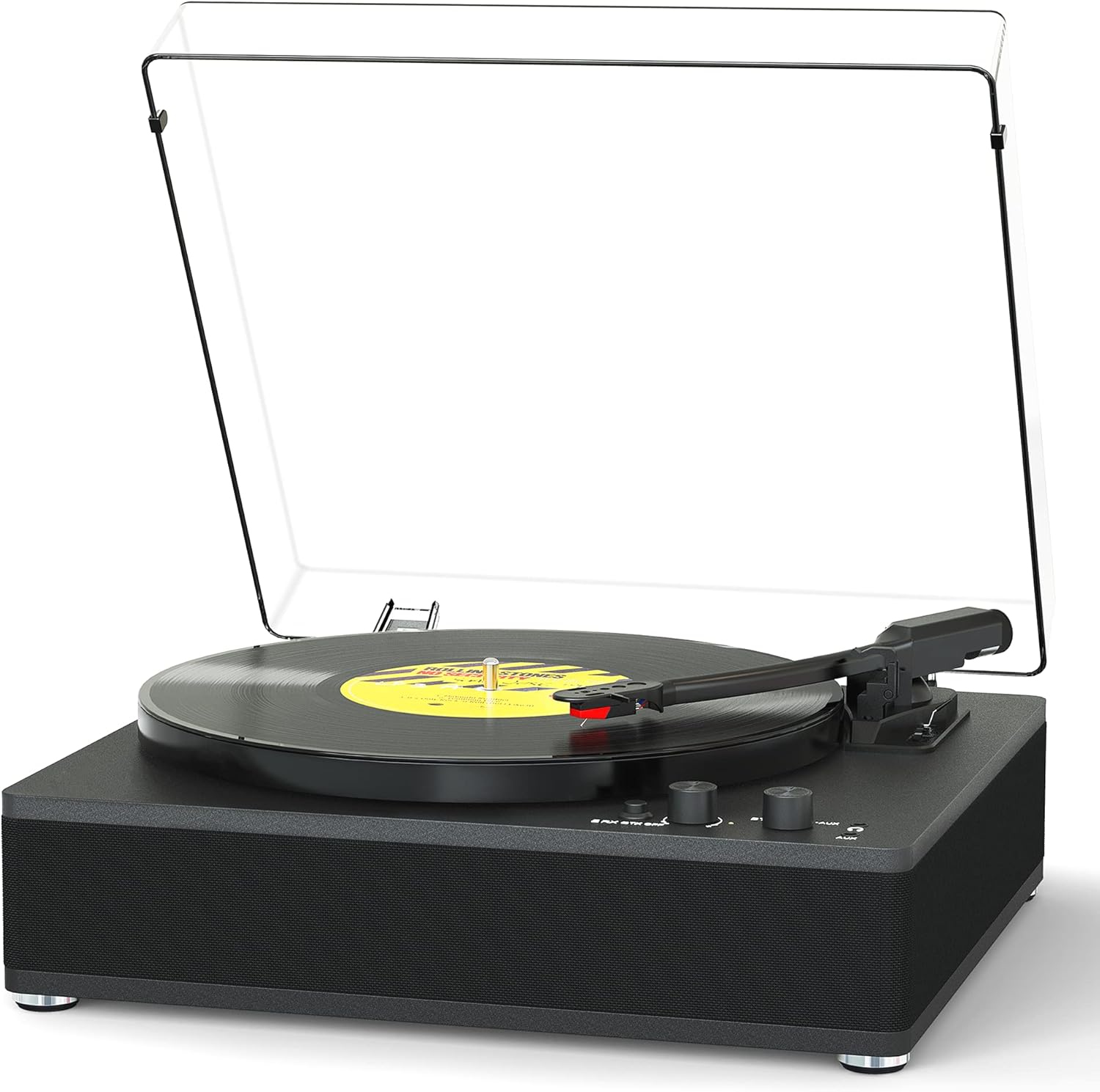Vinyl Record Player with Wireless Bluetooth Input/Output Transmitter, Full-Size Platter, 3-Speed Turntable, Built-in Speakers, Counterweight, Auto-Stop, RCA/AUX Out, Black