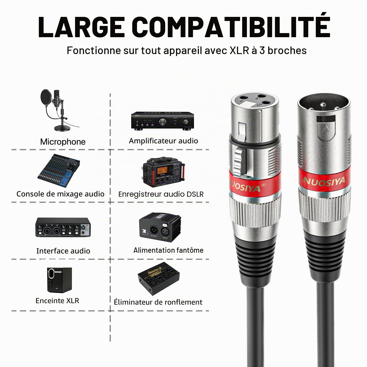 Lot de 2 câbles XLR de 5 m - Câble d'extension audio symétrique - Adaptateur XLR mâle vers femelle à 3 broches - Pour enregistreur de studio, microphone, mixeur, système de haut-parleurs