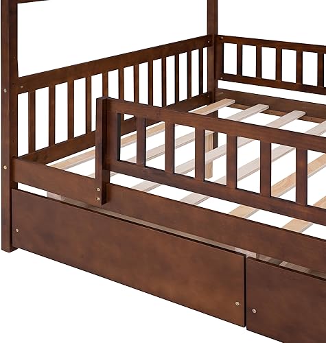 Miniatura 99 de Cama de casa de tamaño individual con 2 cajones, marco de cama de madera y barandilla de seguridad. Ahorra espacio, ideal para el dormitorio de un