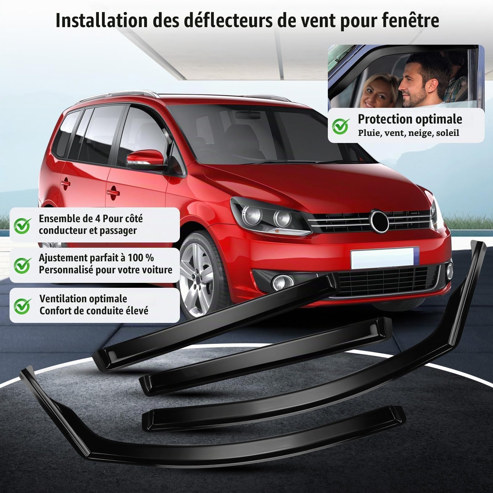 Déflecteurs De Vent Pluie d'air Compatible avec VW T-Ouran 2003-2015, 4 pièces Deflecteurs d'air Déflecteurs de Vent Montage Facile