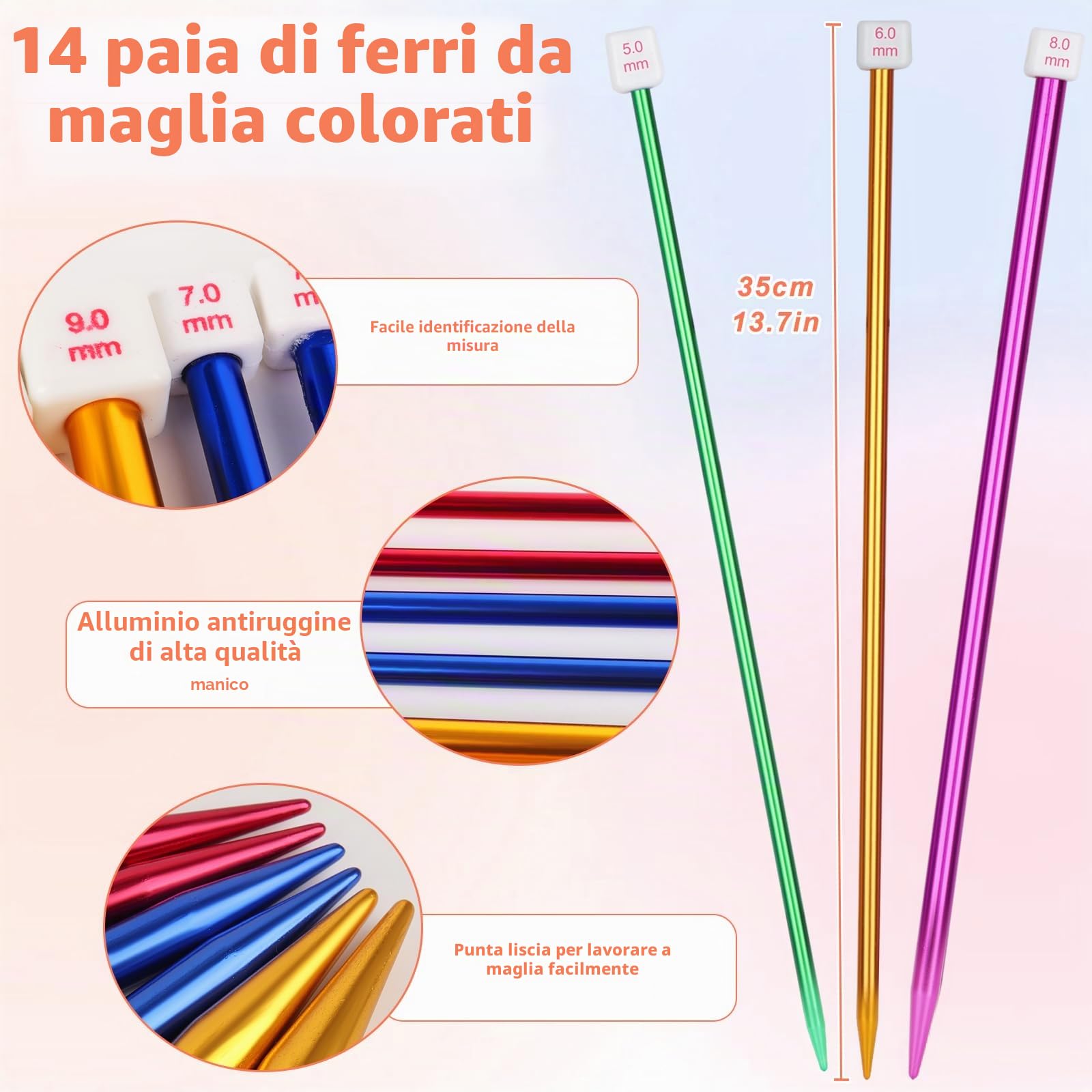 Reessy, Set di Ferri da Maglia Colorati - Lunghezza 35 cm, 28 Pezzi / 14 Coppie, Ferri da Maglia Singoli in Alluminio da 2 mm a 10 mm, Ferri da Maglia Lunghi, Dritti in Metallo con Morbida Valigetta