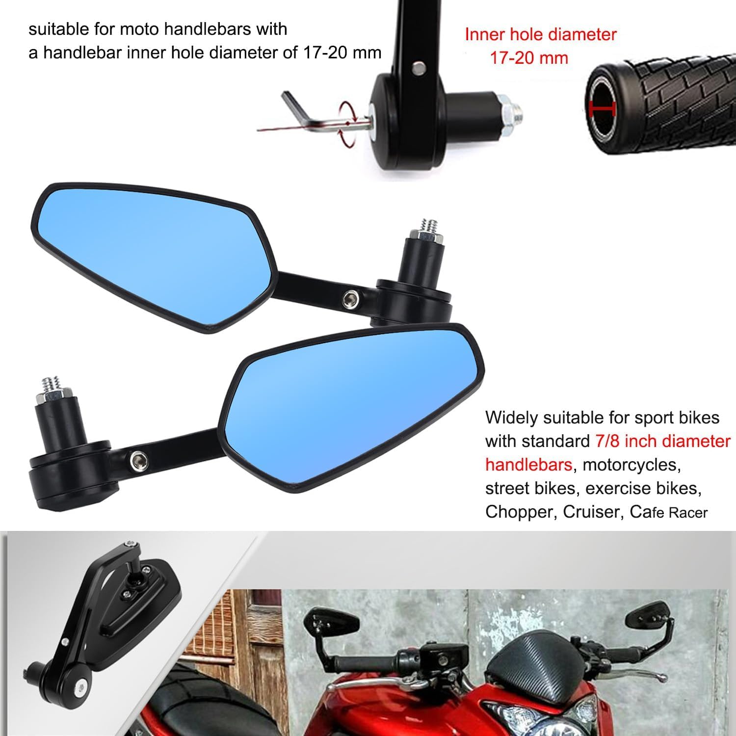 Specchietti Moto, Manubrio Retrovisori Laterali per Moto, Universale 7/8" 22mm HD Anti-Glare Specchietto Manubrio Street Bike Cruiser Scooter Suzuki YMH