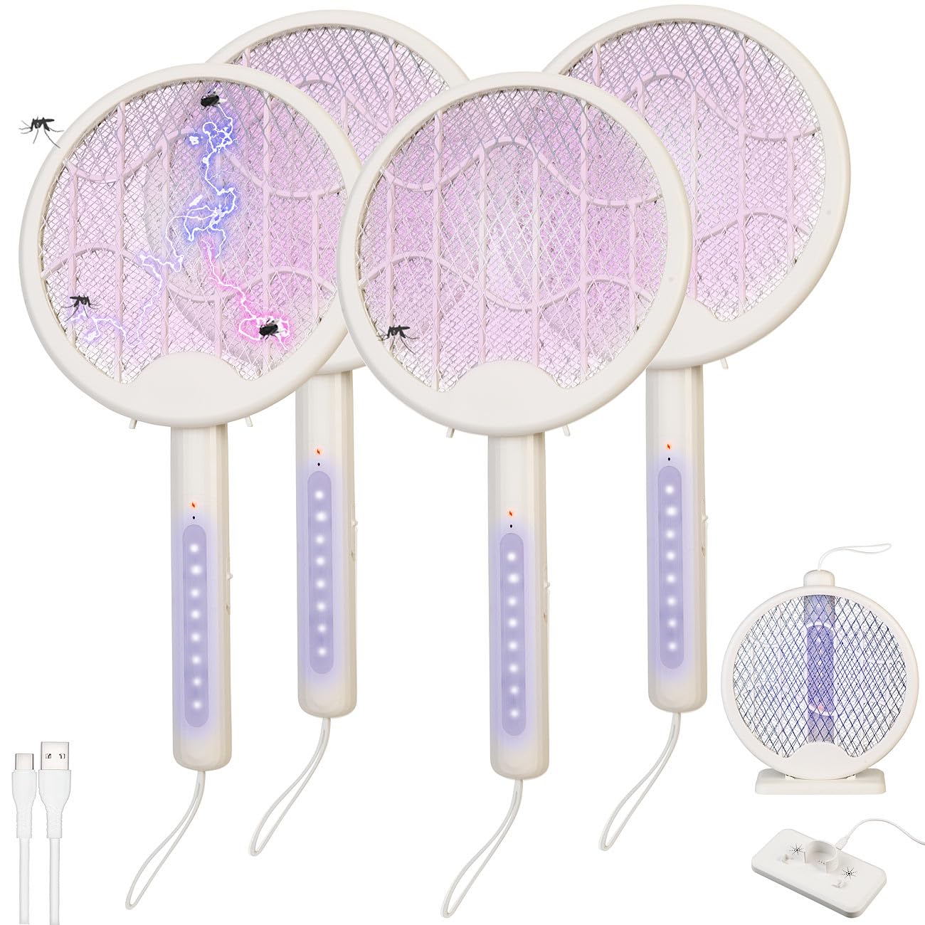 infactory Fliegen-Klatschen: 4er 2in1-Akku-Insektenvernichter & Fliegenklatsche mit UV-LEDs (Fliegenklatsche nmit UV Licht, Anti-Mücken-Lampen, Motten)