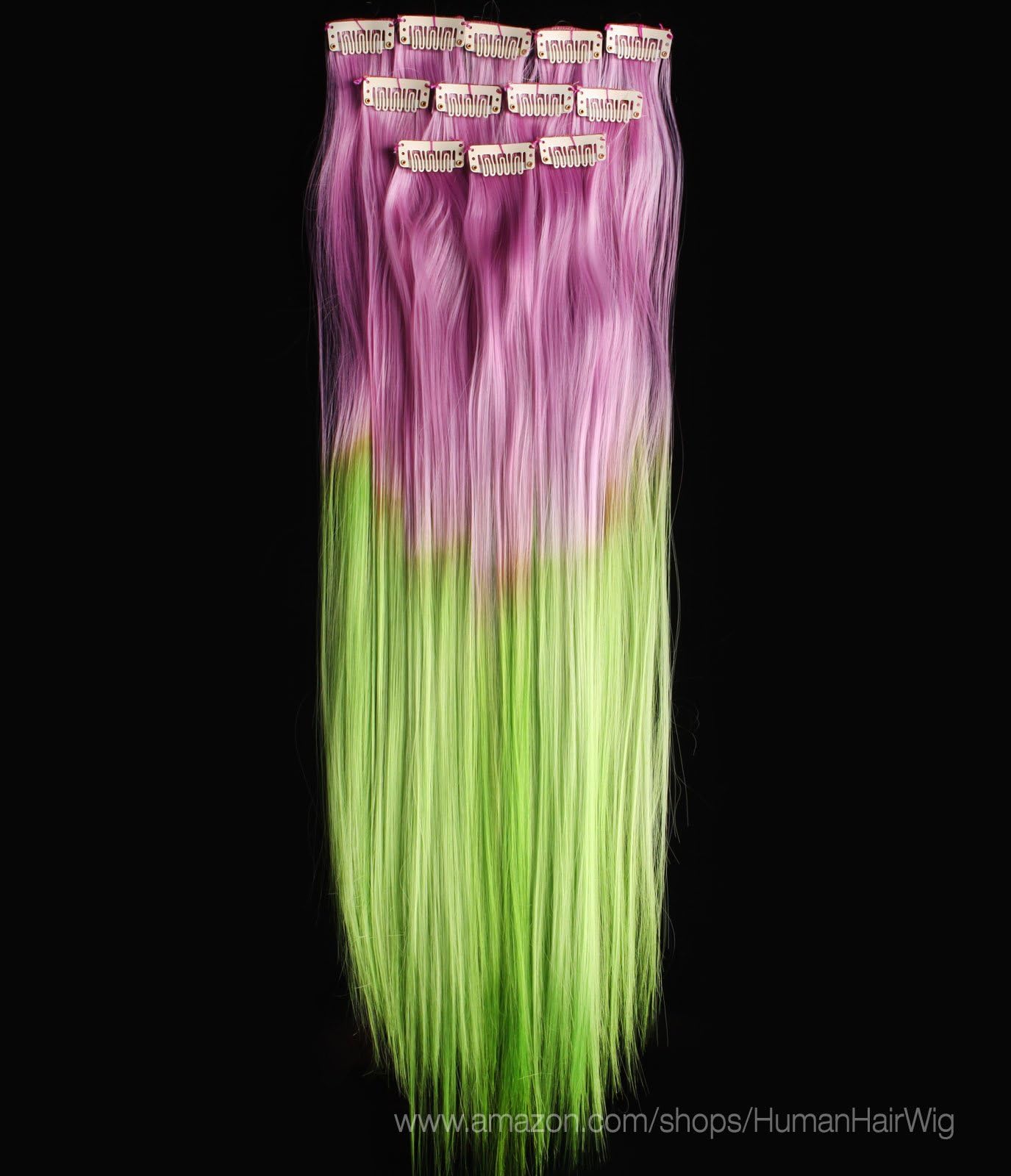 18'' 12pcs Synthetic Ombre Dip Dyed Hippie Hair Human Extension Clip in 27colors WGY65 Light Purple/Green