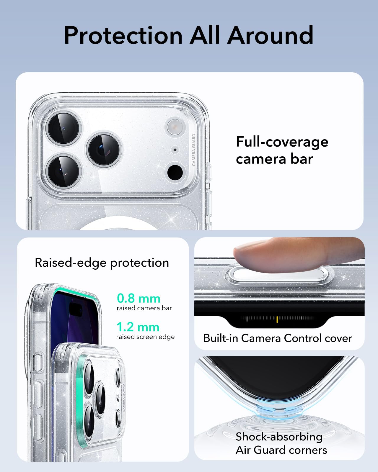 ESR Cover per iPhone 17 Pro Max, Custodia per controllo della fotocamera, Compatibile con MagSafe, Protezione antiurto di livello militare, Angoli Air Guard ammortizzanti, Glitterato