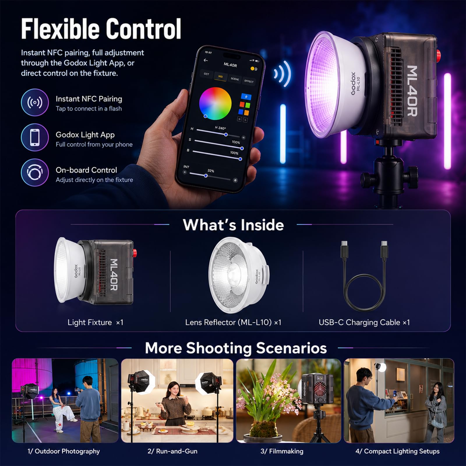 Godox ML40R Luce Video LED RGB, 12300Lux @1m con ML-L10, 1800K-10000K, HSI RGBW, CRI/TLCI 95, 14 Effetti FX, App NFC, Godox Mount, USB-C per Vlog Streaming