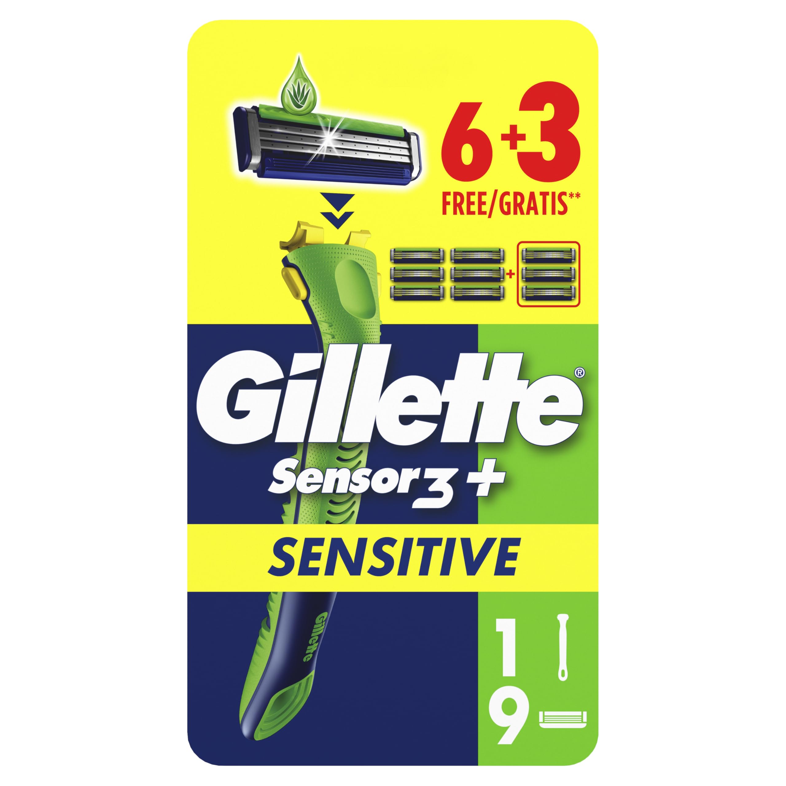 Gillette Sensor 3+ Sensitive Rasoio Da Uomo Con Testina Oscillante A 40° E 3 Lame Delicate Sulla Pelle, 1 Manico Ergonomico + 9 Lamette Di Ricambio