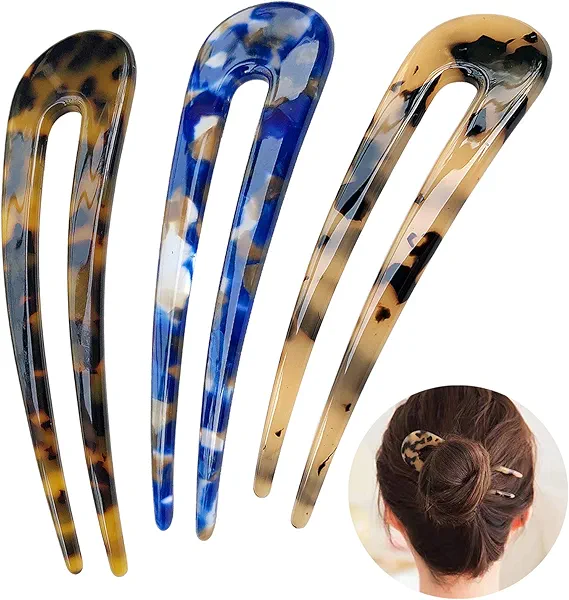 HYFEEL French Hair Forks Tortoise Shell U Shape Updo Hair Pins Clips for Thin Thick Hair, 4.3 inch Classic Cellulose Acetate 2 Prong Bun Hair Sticks Chignon Women Vintage Hairstyle Accessories, 3 Pack
