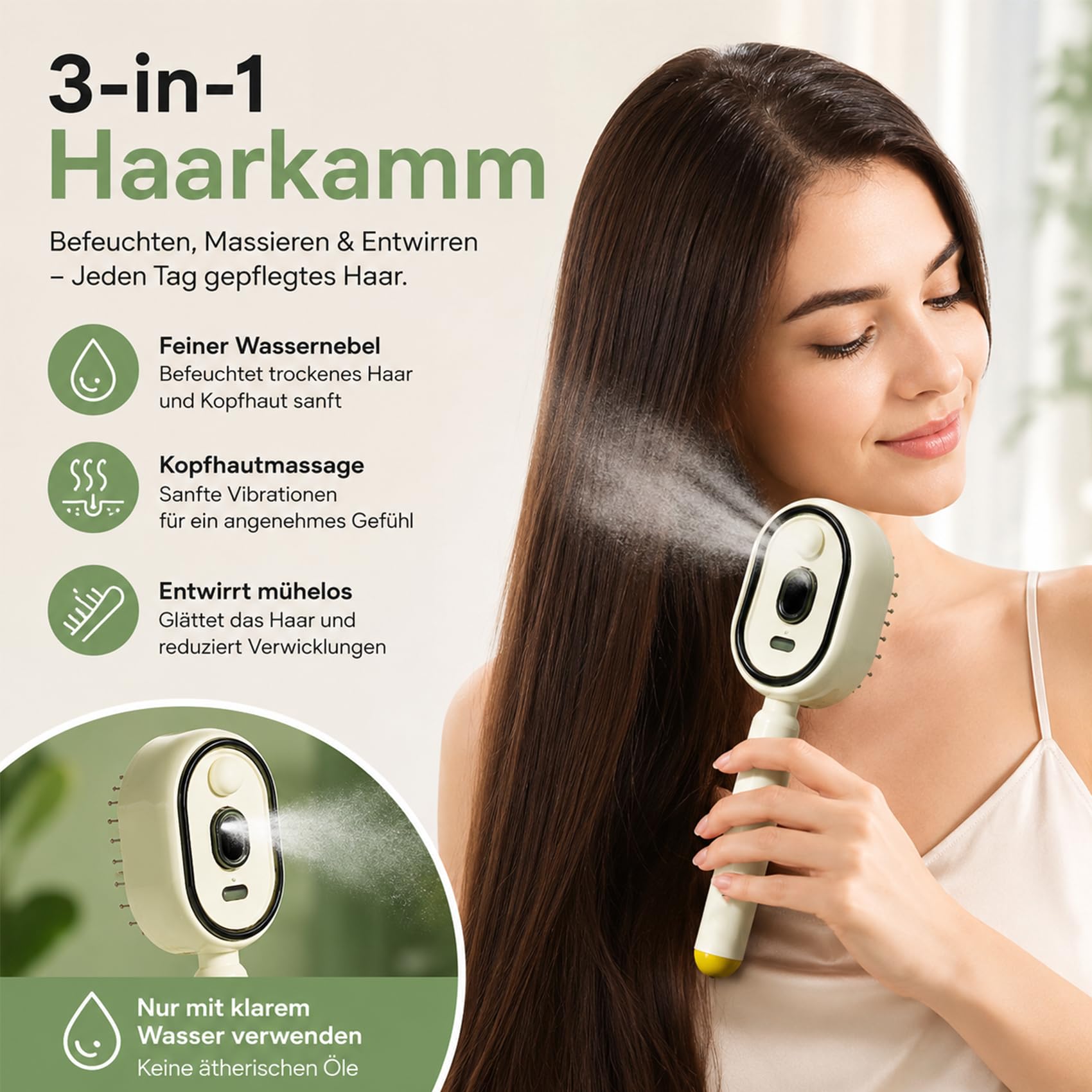 Electric Spray Air Cushion Massage Comb, 3-In-1 Elektrischer Sprüh-Luftkissen-Massagekamm mit Wasserspray, Kopfhaut-Pflegespray – Geeignet für Lockiges, Nasses und Trockenes Haar (Rosa)