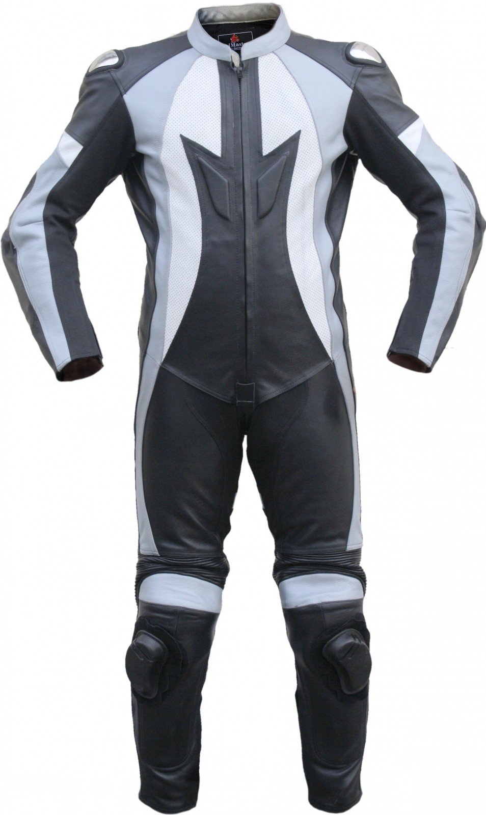 German Wear Motorradkombi Herren Lederkombi Motorrad Rennkombi aus Kalbsleder mit Rückenhöcker Protektoren an Schienbein und Unterarm Knieschleifer Atmungsaktiv Schwarz/Grau/Weiß, Größe:48