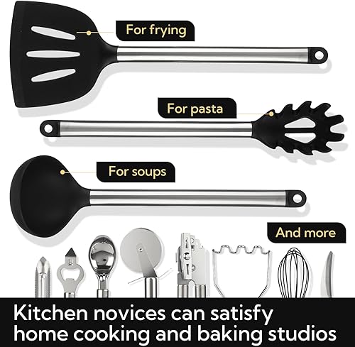 Miniatura 6 de Juego de 33 utensilios de cocina de silicona negra antiadherentes, resistentes al calor y aptos para lavavajillas, con asas de acero inoxidable para