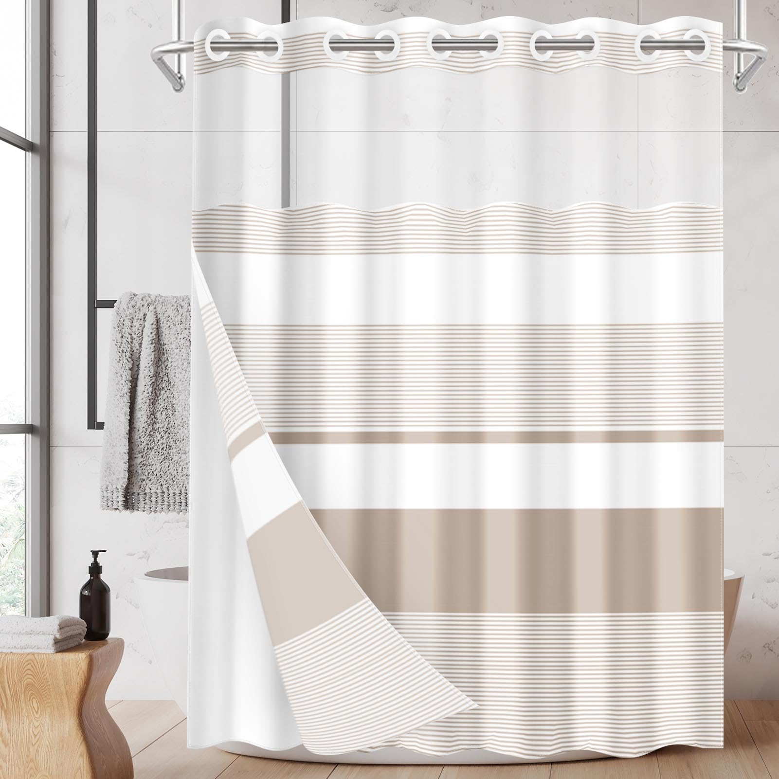 Amazon.com: Nesphy No Hook Beige Shower Curtain with Snap in Fabric ...