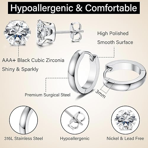 Miniatura 5 de Jstyle 6 Pairs Stainless Steel CZ Stud Earrings for Women Mens Huggie Hoop Earrings Ear Piercing