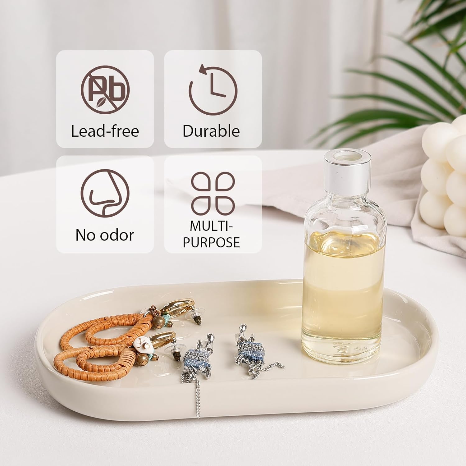 Ceramic Jewelry Tray – Oval Vanity Dish for Rings, Earrings, Bracelets – Minimalist Decorative Trinket Holder for Dresser, Bathroom, Nightstand – Cream White - Image 3