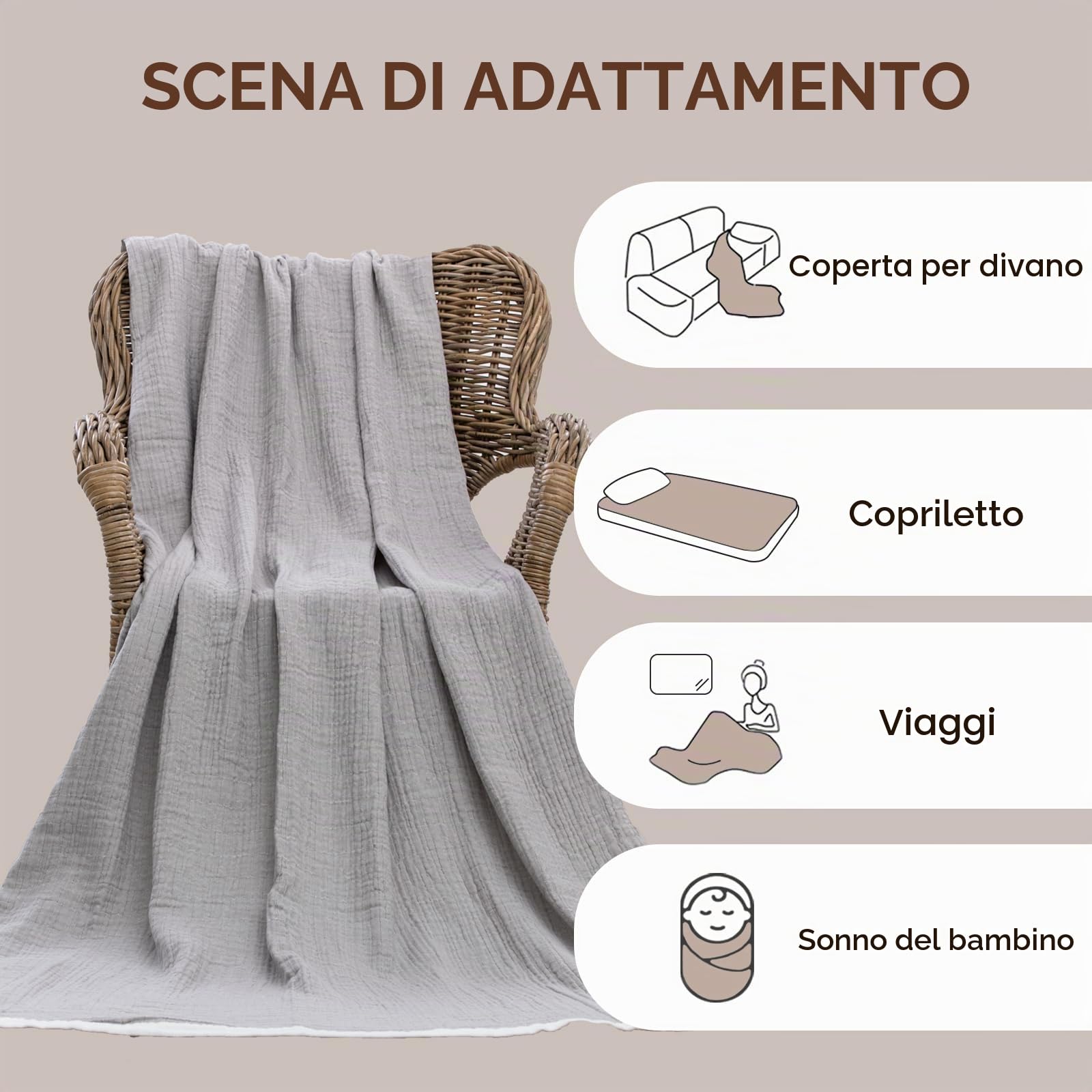 SE SOFTEXLY Coperta Morbida Grigio,Coperta di Cotone Coperta Fluffy di Alta Qualità,Coperta in Mussola di Cotone Leggera e Confortevole per Tutta la Stagione,150 x 200 cm