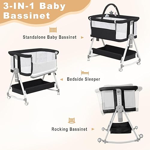 Miniatura 2 de Cuna de bebé, moisés 3 en 1 para bebé con juguetes colgantes, moisés plegables portátiles, cuna de noche de malla de 4 lados con ruedas y cesta de