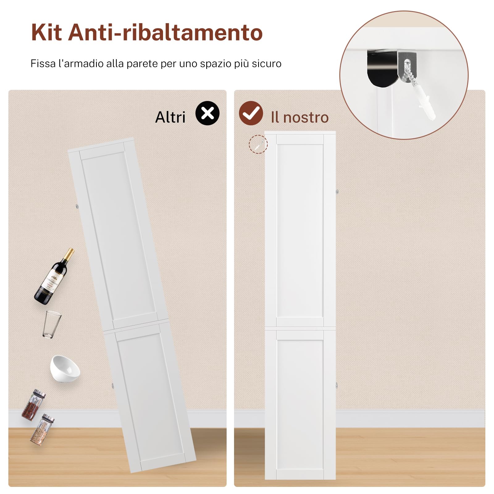 TEENFON Credenza Cucina Alta, Mobile Dispensa Alto 4 Ante e 2 Cassetti con Ripiani Regolabili e Portaspezie sulla Porta, Armadio Multiuso per Cucina, Soggiorno, Bagno, 60 x 30 x 161 cm, Bianco