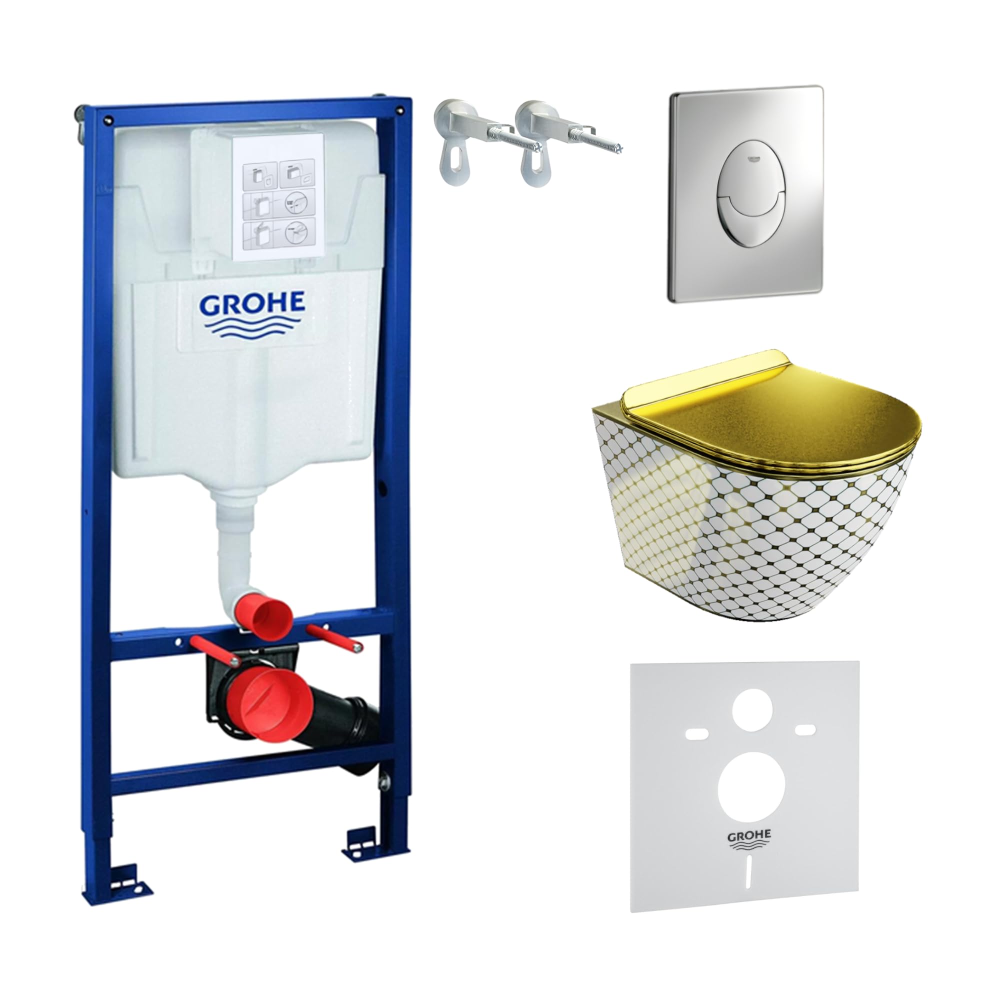 Lavita Vorwandelement Solido Start + Wand Hänge WC Sofi Slim Checked Gold Spülrandlos + WC Sitz mit Absenkautomatik Verchromter Knopf Komplettset Unterputz Spülkasten Toilette Komplett Sett WC